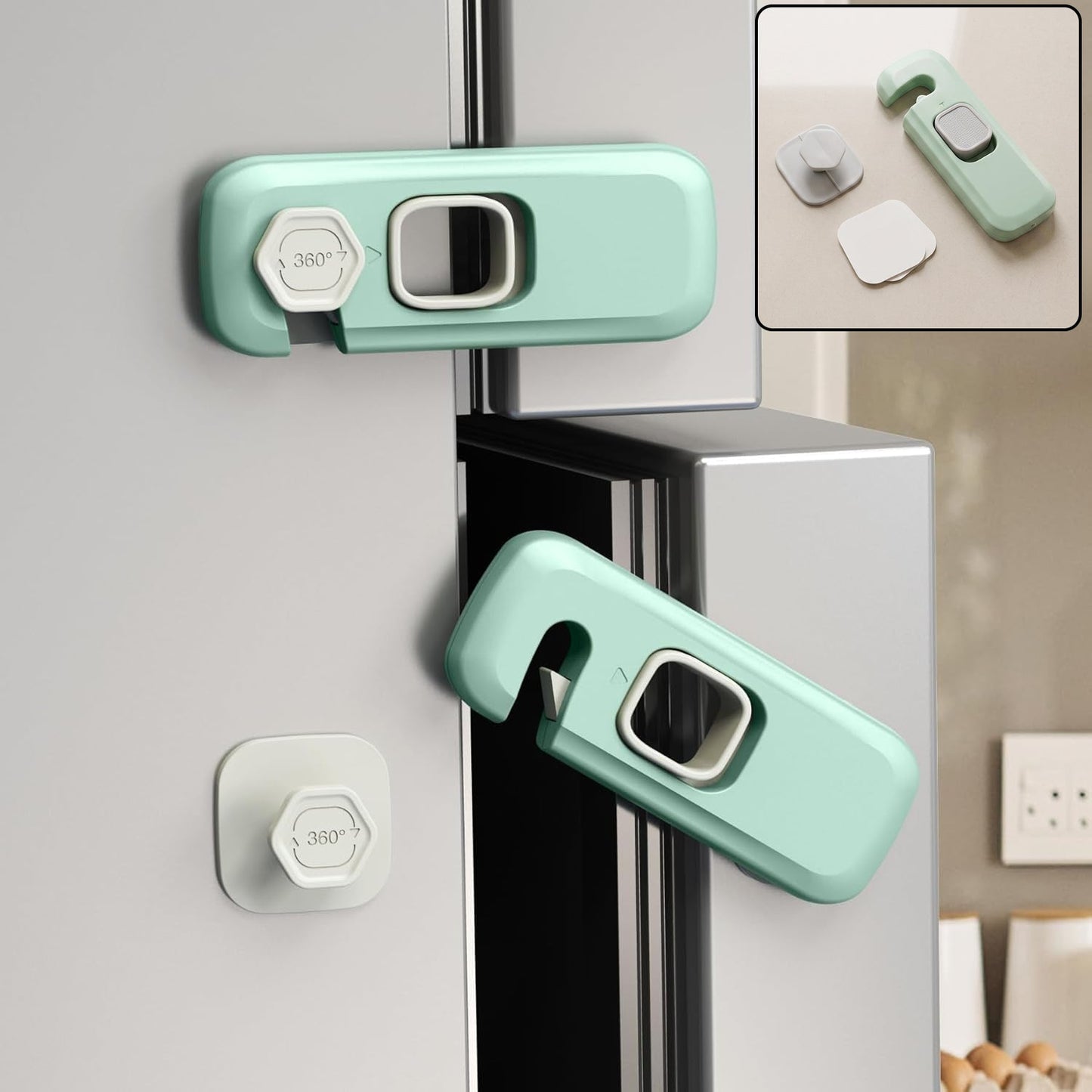 Two green and white child safety locks securing a refrigerator door, with a close-up inset of the lock components.