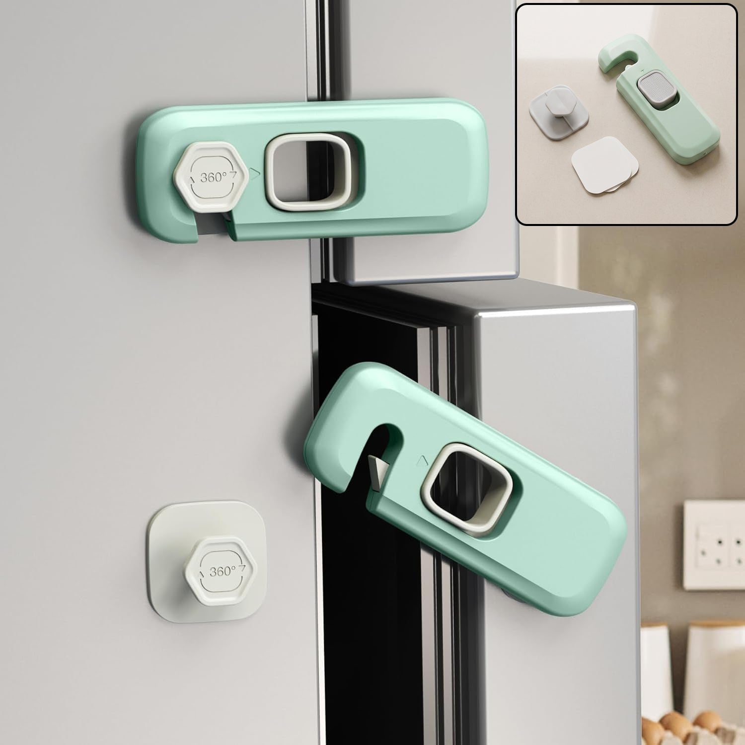 Two green and white child safety locks securing a refrigerator door, with a close-up inset of the lock components.