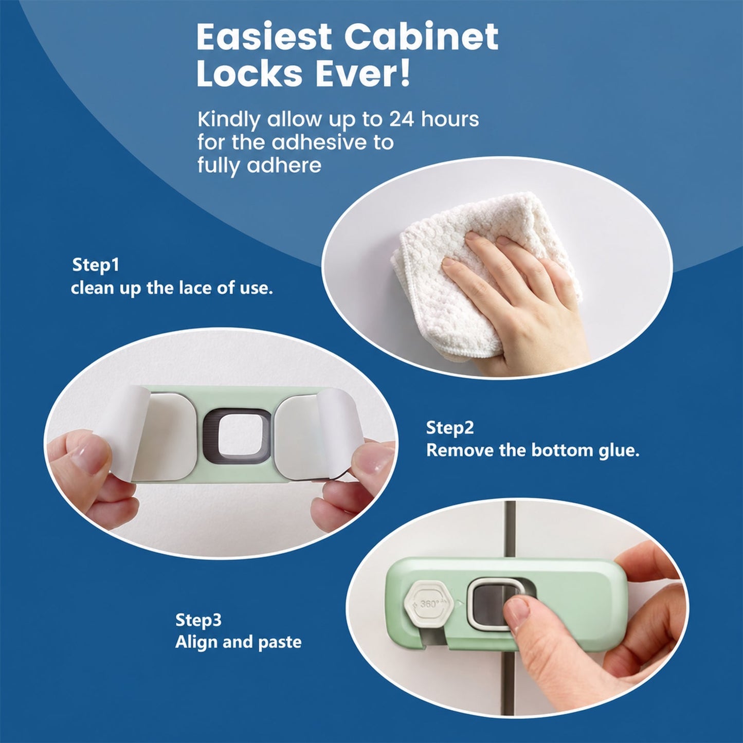 Three steps illustrating how to install the green child safety lock: cleaning, removing glue, and aligning.
