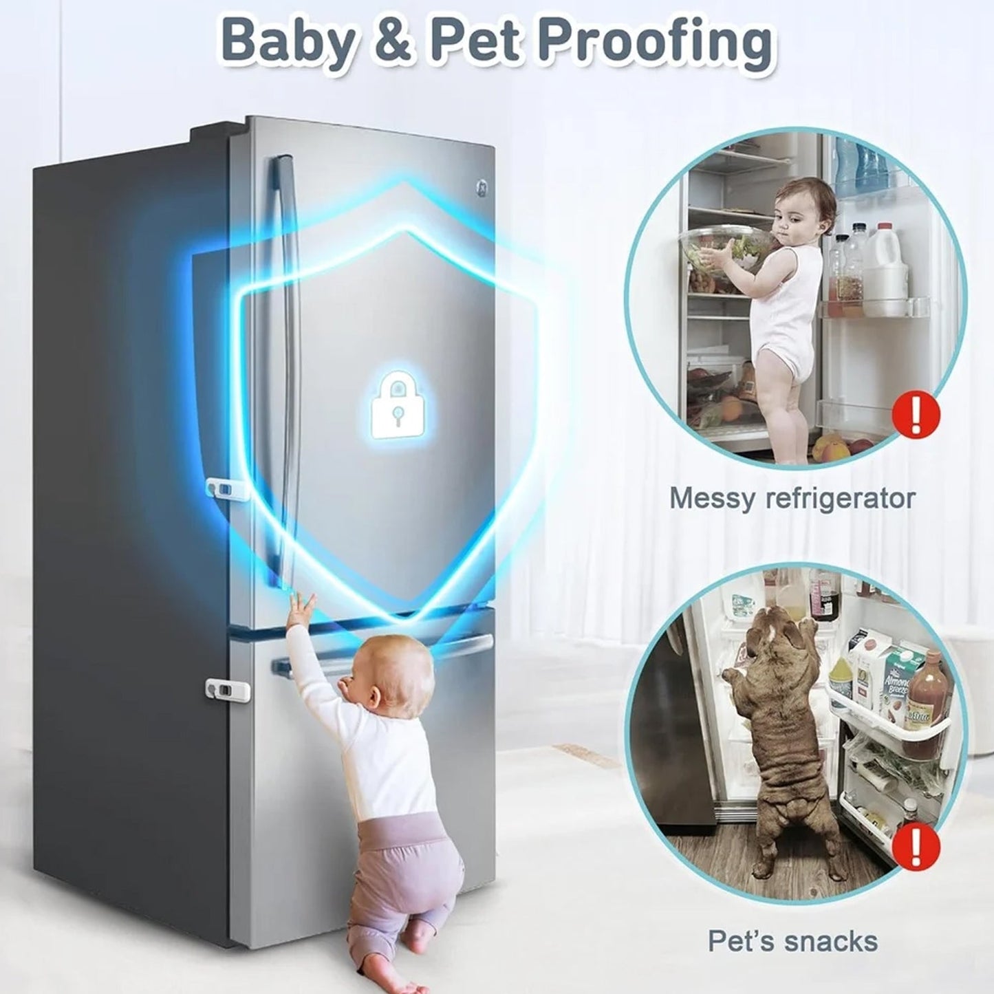 A baby and a cat attempting to open a refrigerator, with blue shield graphics and insets showing a messy fridge and pet