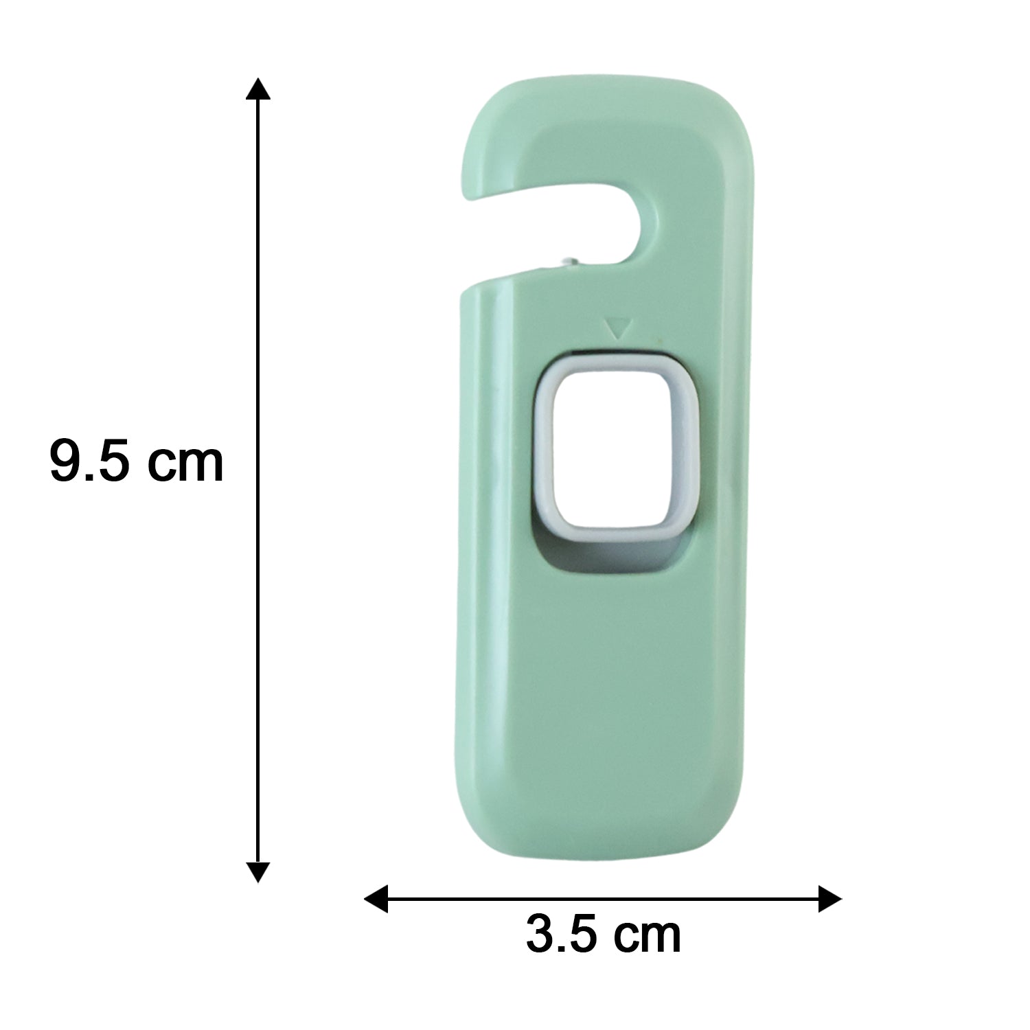 A green and grey child safety lock with dimensions of 9.5 cm length and 3.5 cm width indicated by arrows.