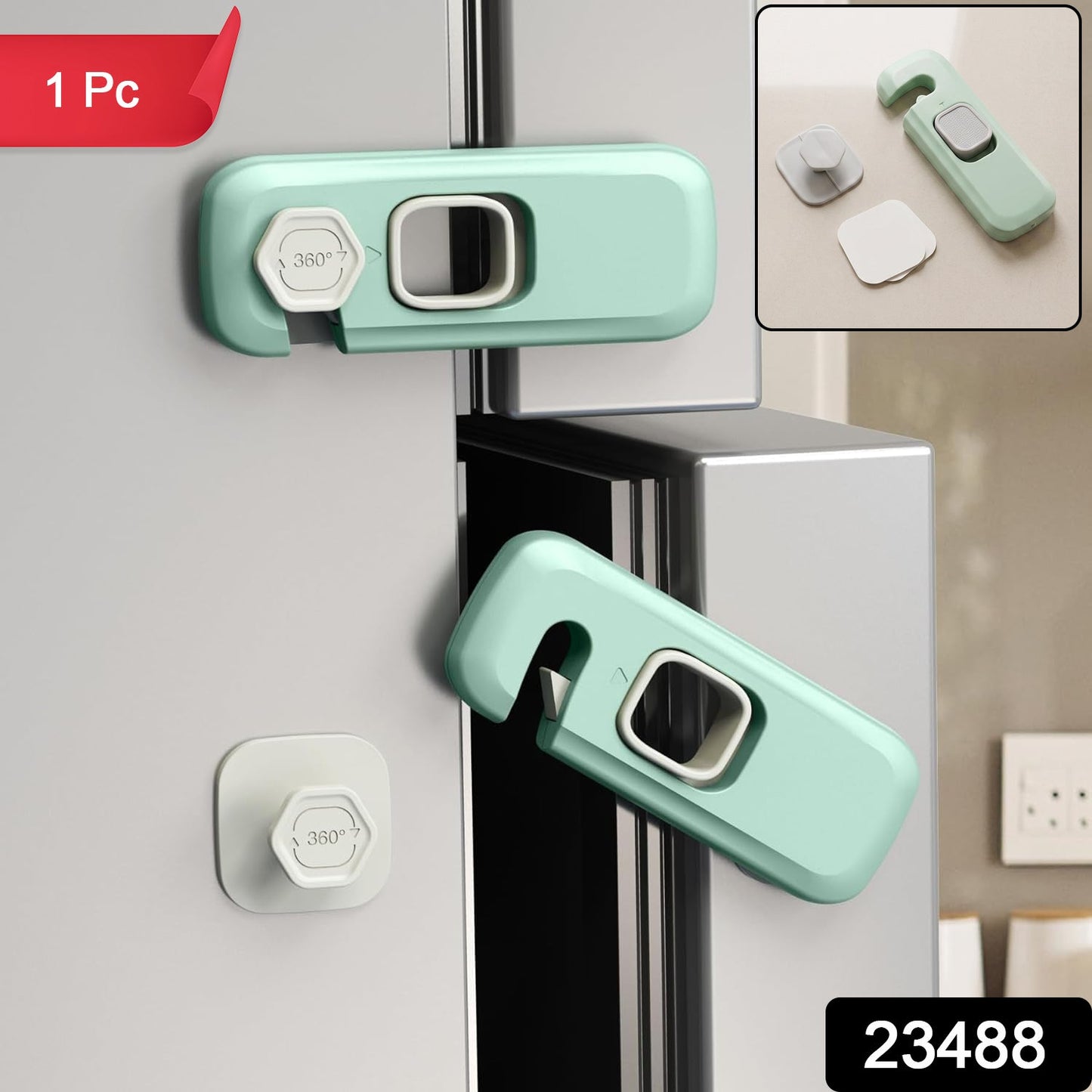 Two green and white child safety locks securing a refrigerator door, with an inset showing the lock parts and '1 Pc' label.