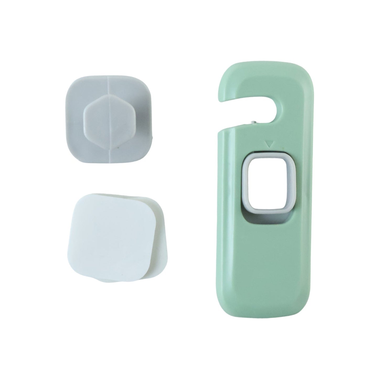 A green and grey child safety lock with two white adhesive pads displayed on a white background.