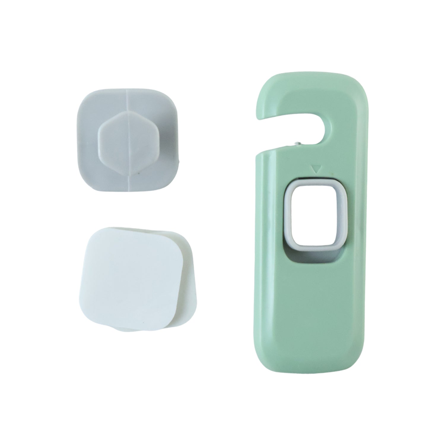 A green and grey child safety lock with two white adhesive pads displayed on a white background.