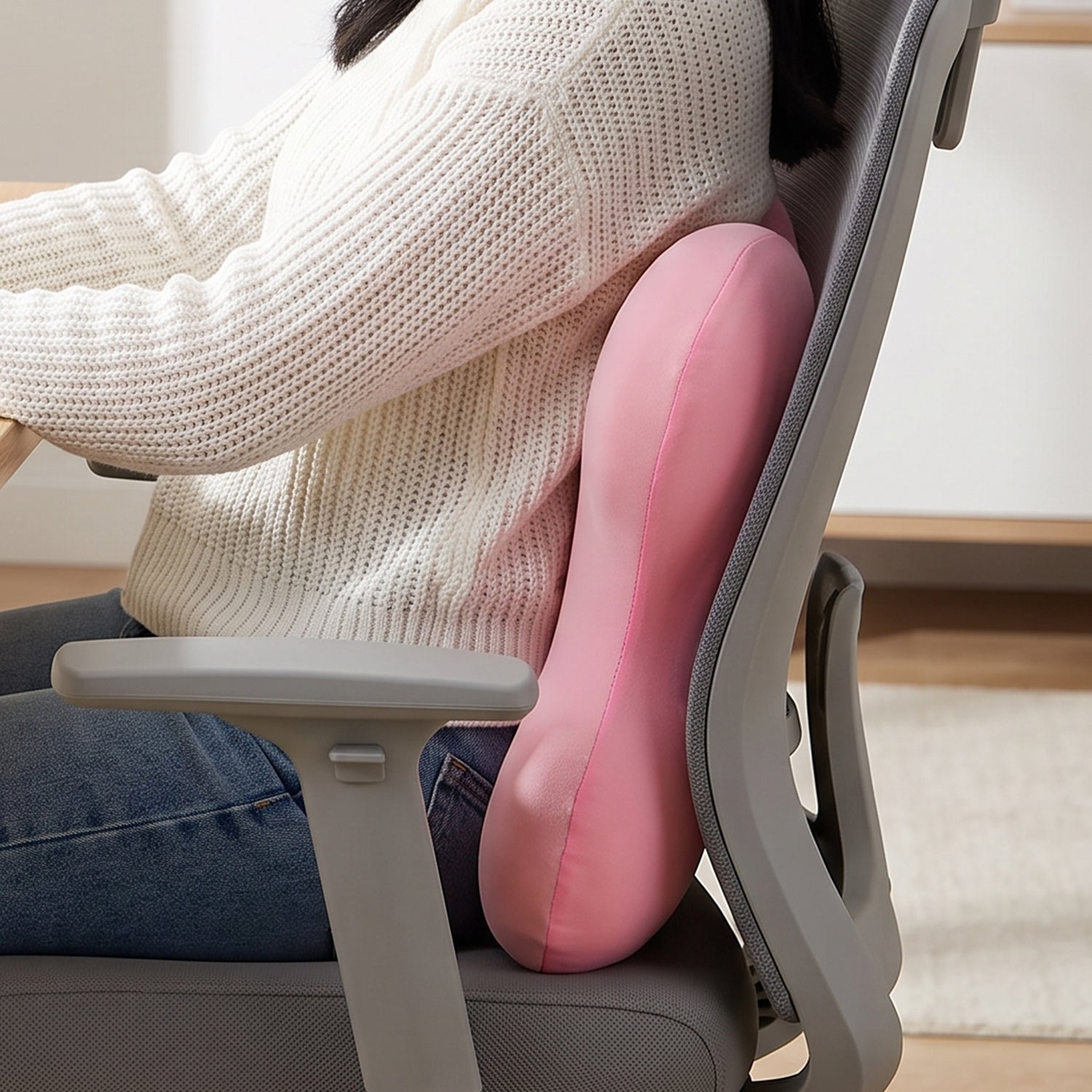 Memory foam chair back support cushion in use