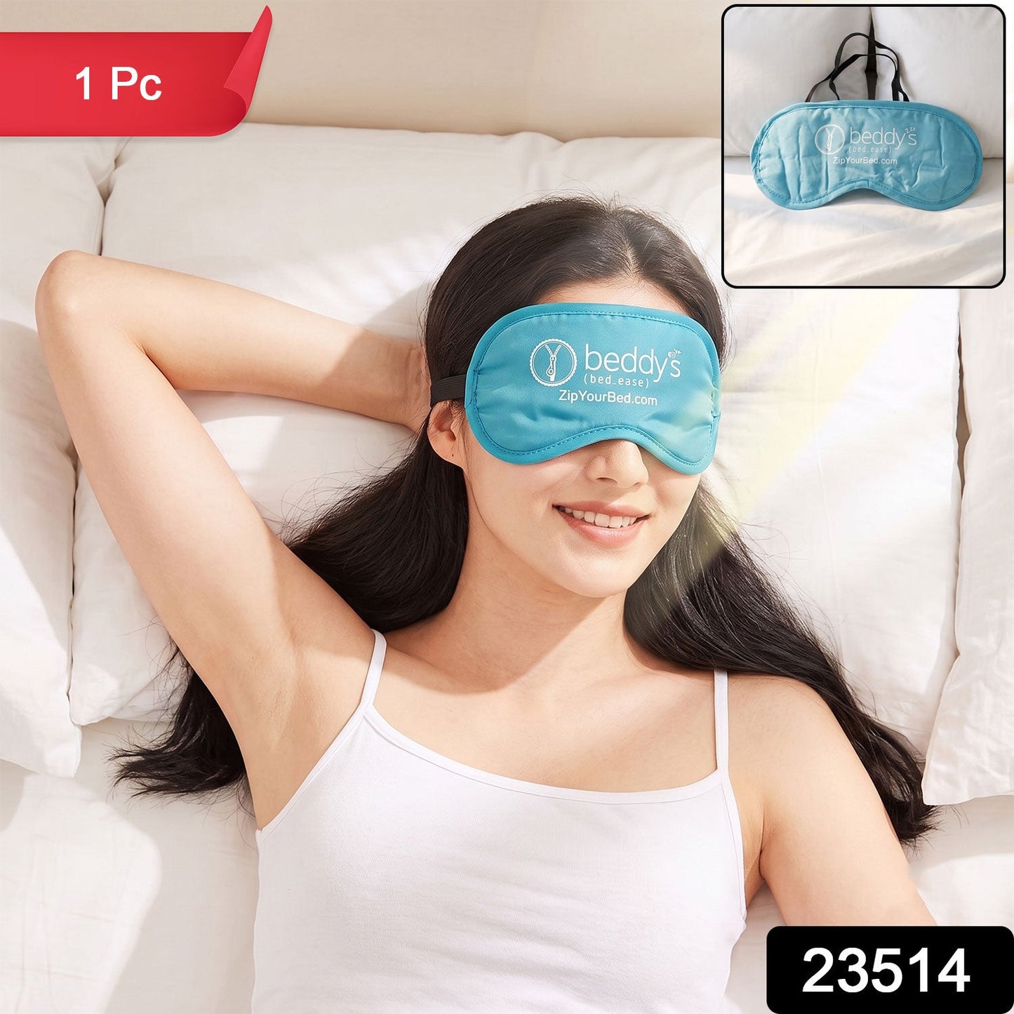 A woman with a light blue sleep mask on her eyes lies on a white bed, with a red banner in the corner marked "1 Pc".