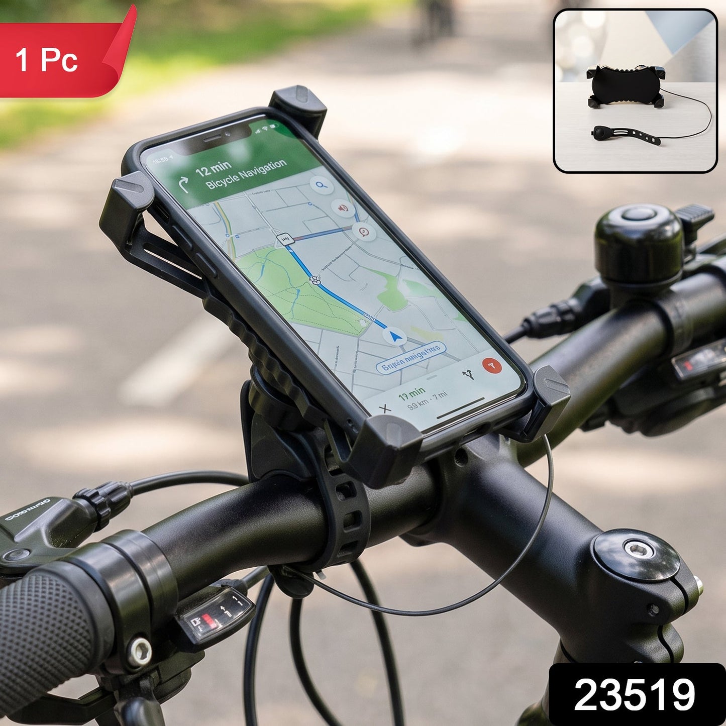 A black phone holder with a phone displaying a map is mounted on bicycle handlebars, with  small horn shown in the corner