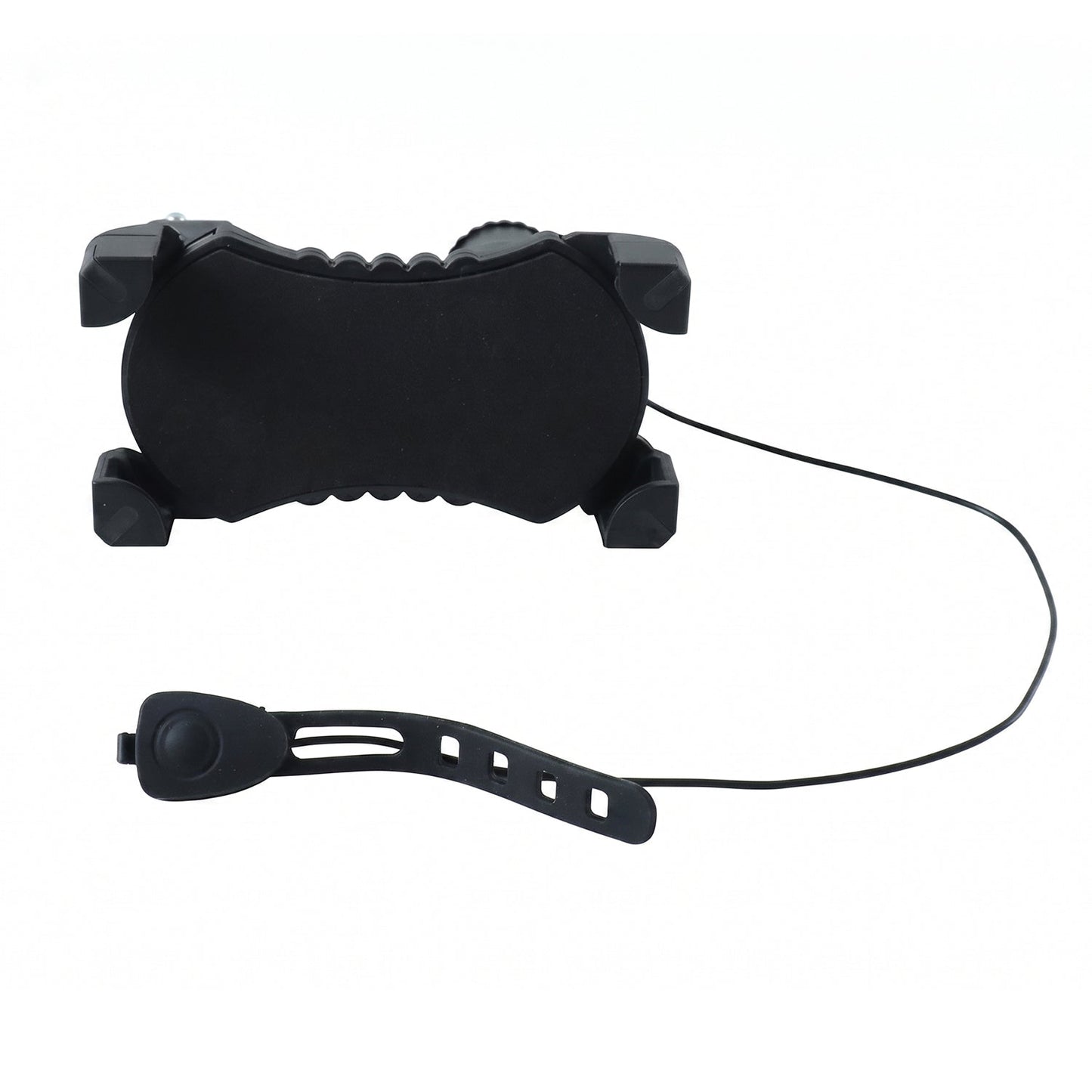 A black bicycle phone holder and a separate horn with a strap are displayed on a white background.