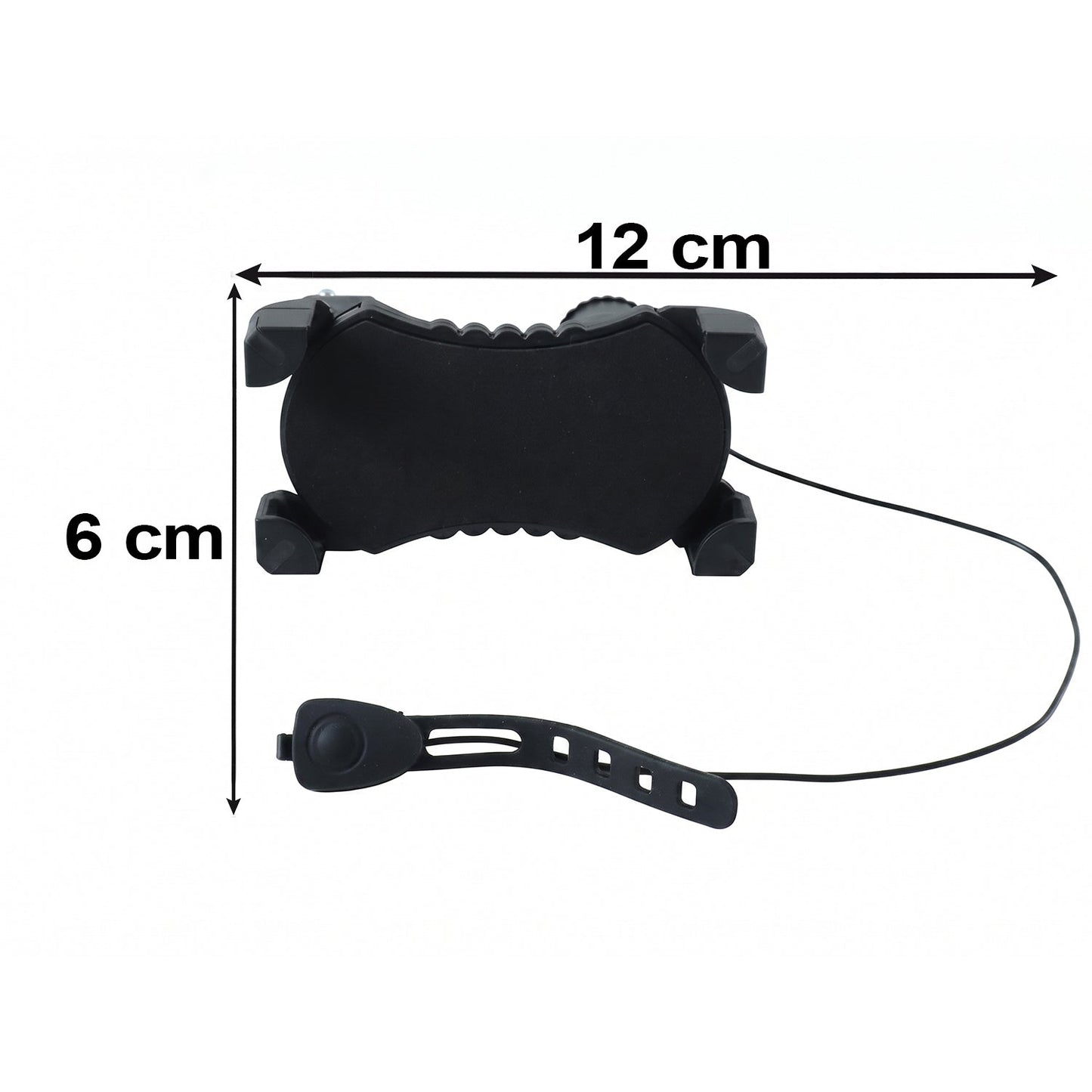 A black bicycle phone holder and a separate horn with a strap are displayed with dimensions of 12 cm and 6 cm.