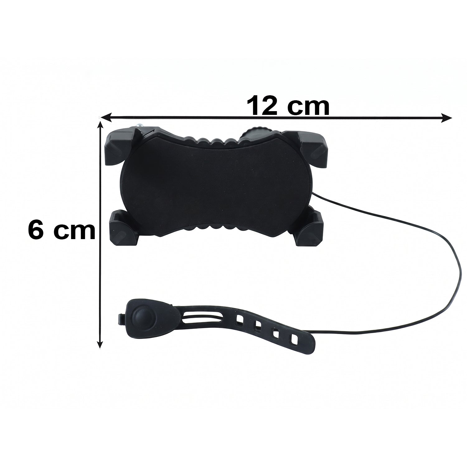 A black bicycle phone holder and a separate horn with a strap are displayed with dimensions of 12 cm and 6 cm.