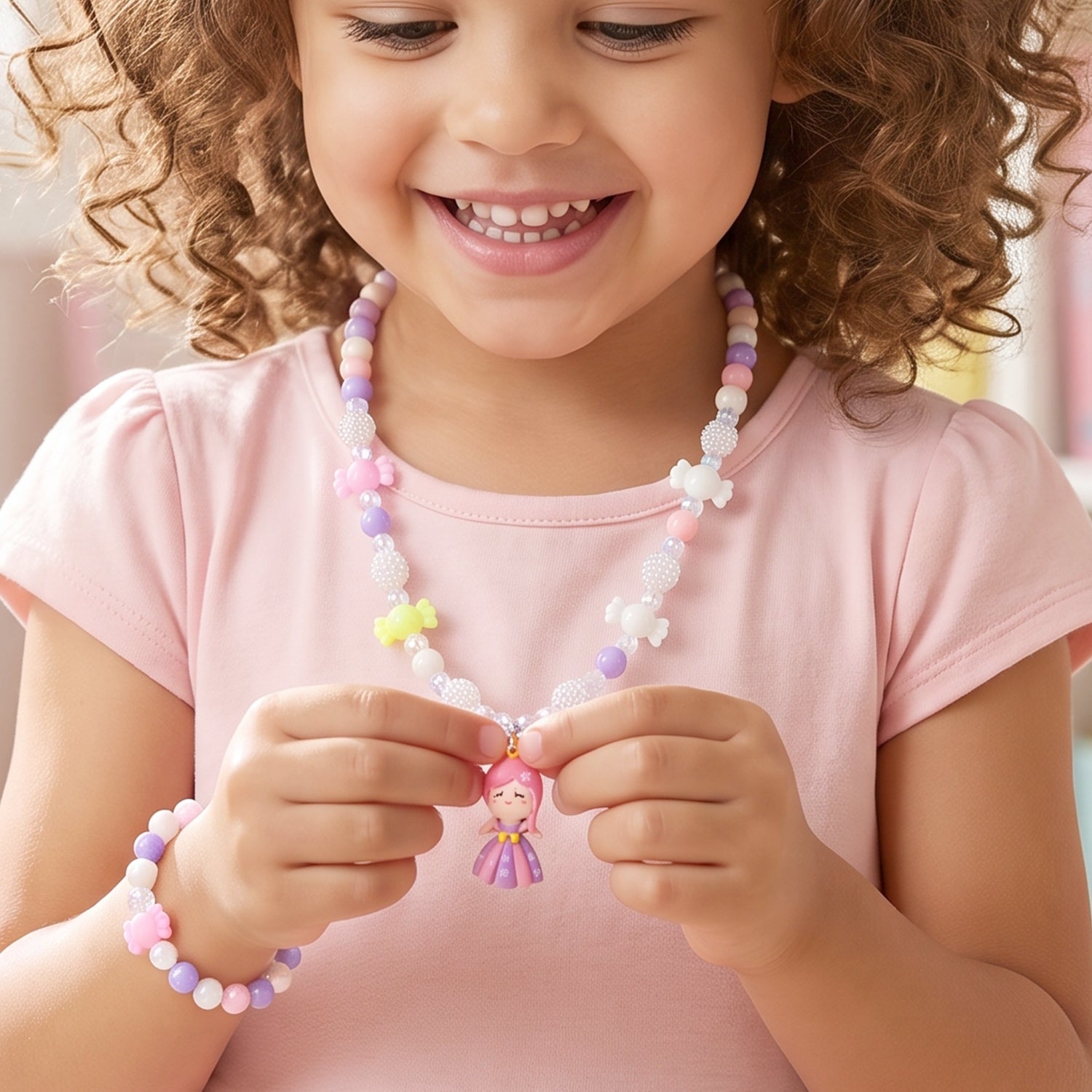 Kids wearing bead necklace and bracelet accessories