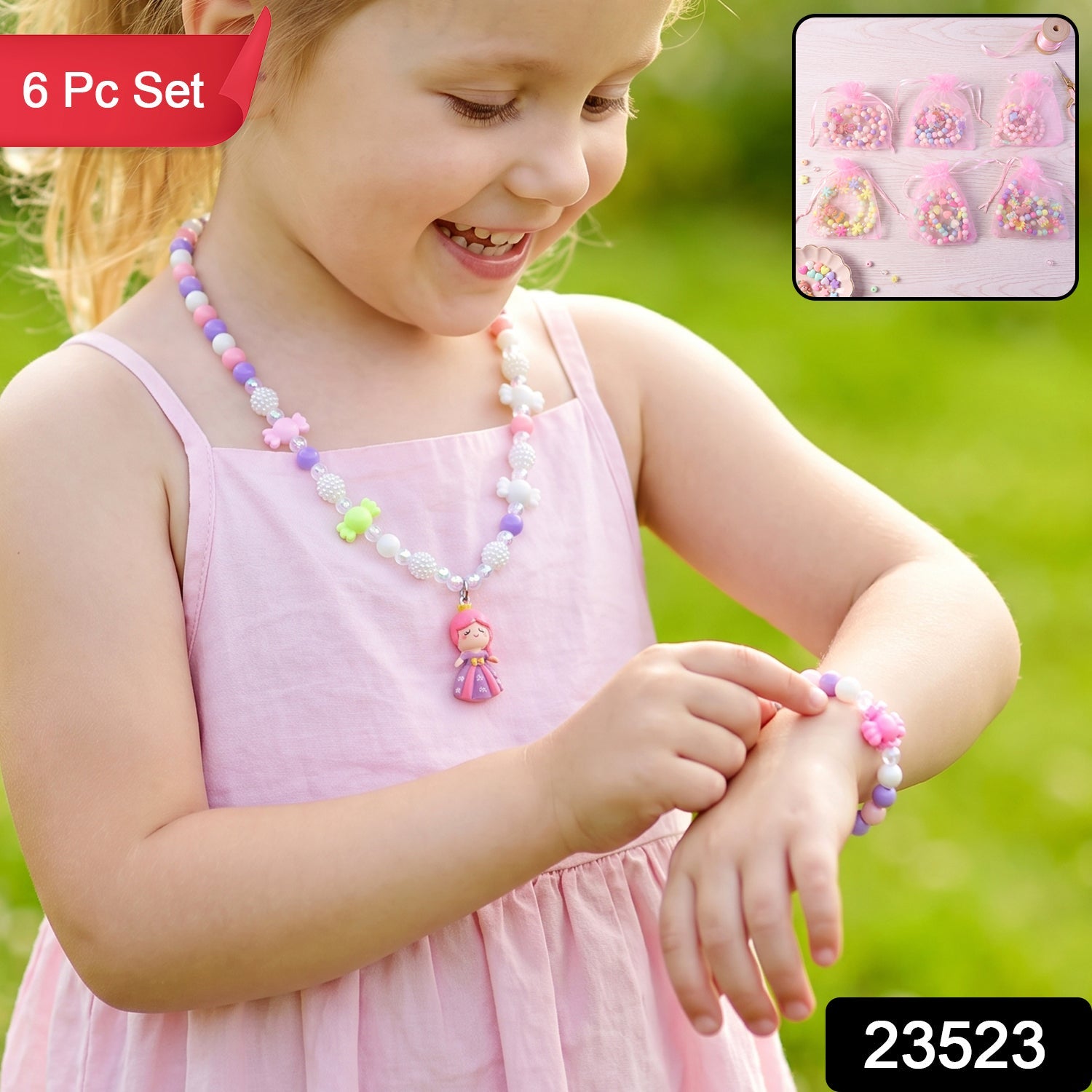 Bead necklace and bracelet set with 6 piece label and SKU 23523