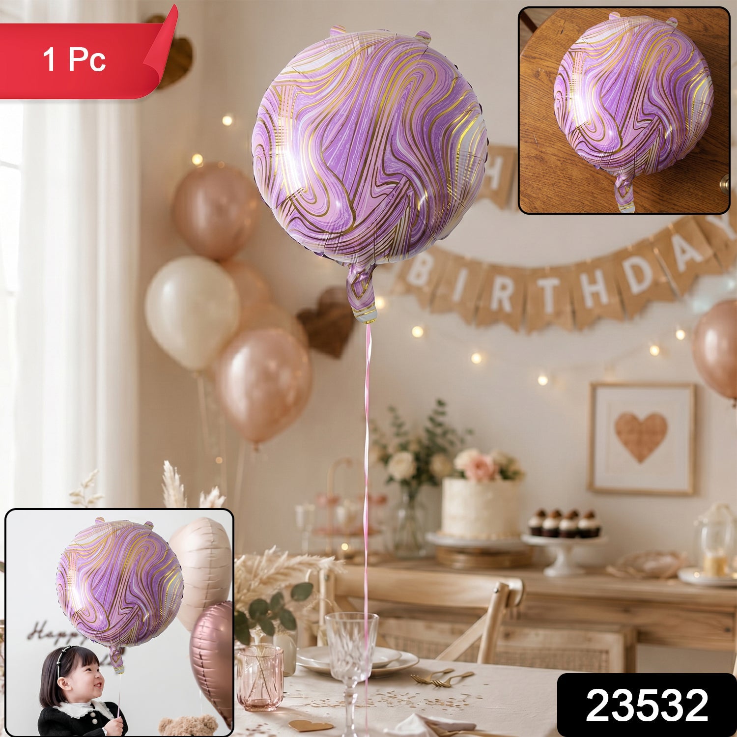 A purple and gold marble foil balloon floats above a decorated birthday party table with a cake and other balloons.