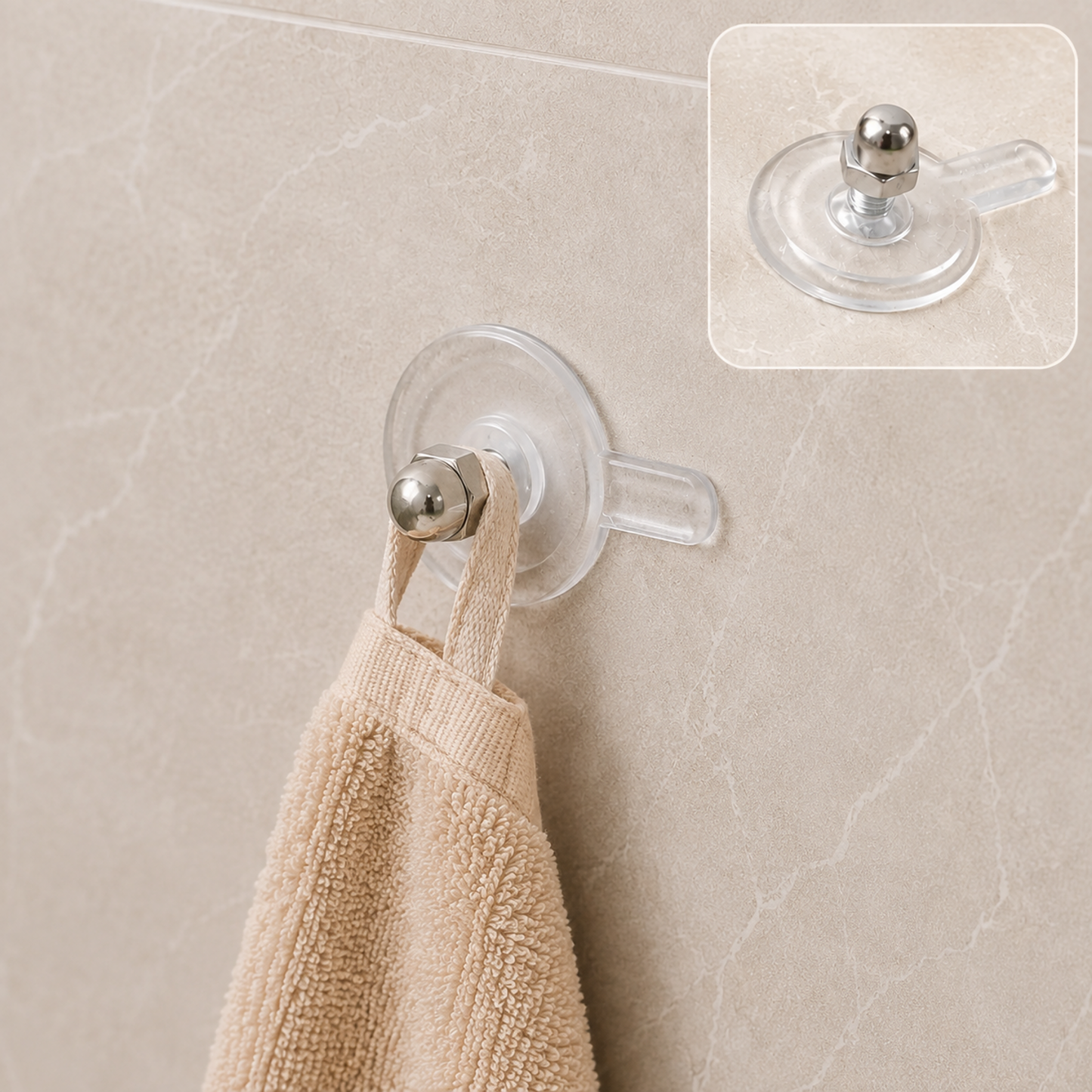 A beige towel hangs from a clear self-adhesive wall hook with a silver knob, on a tiled wall.