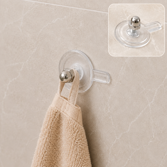 A beige towel hangs from a clear self-adhesive wall hook with a silver knob, on a tiled wall.