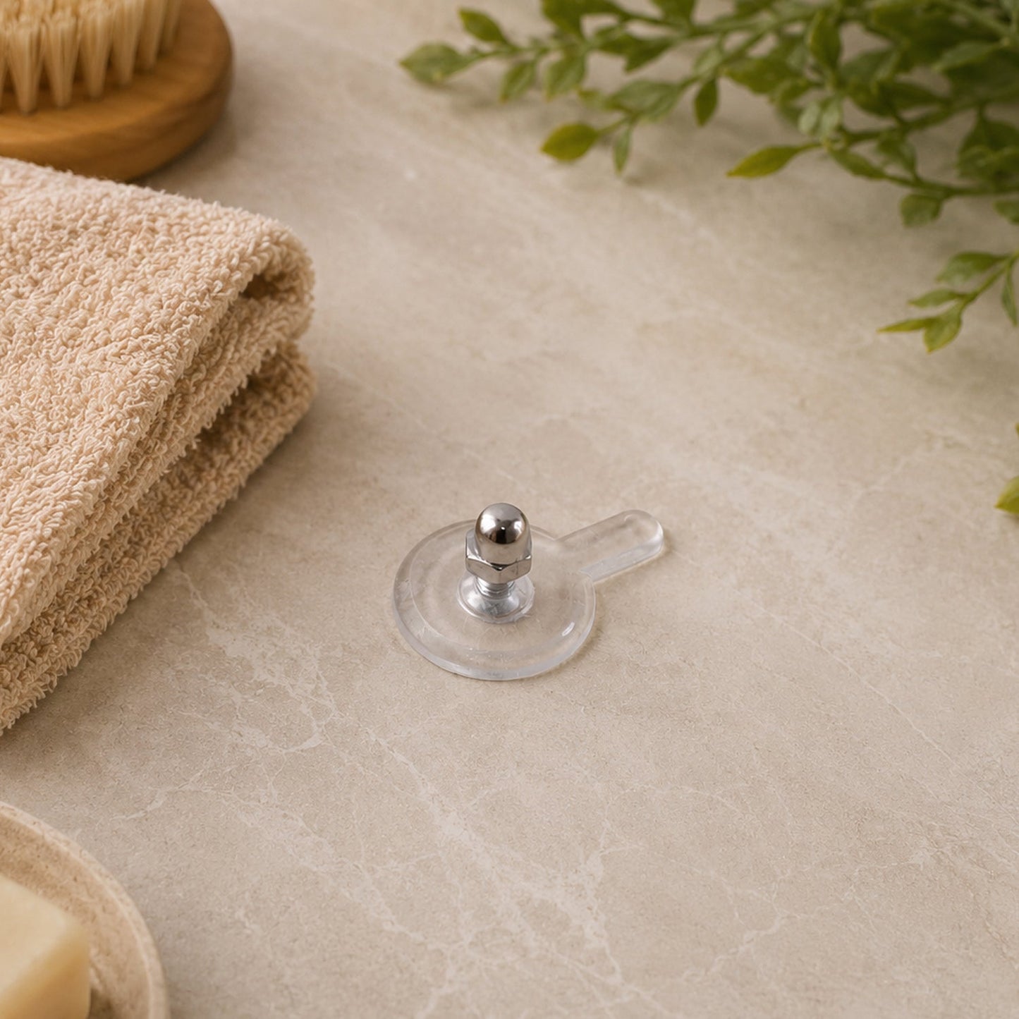 A single clear self-adhesive wall hook with a silver knob is on a light surface, with a wooden brush in the background.