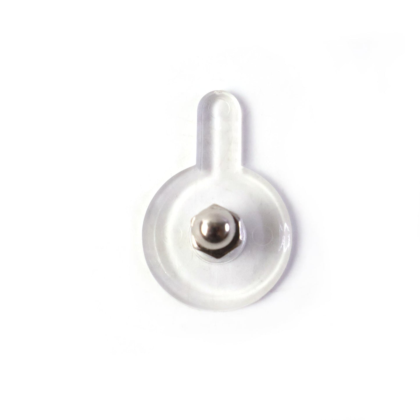 A clear, round self-adhesive wall hook with a silver knob is centered on a plain white background.