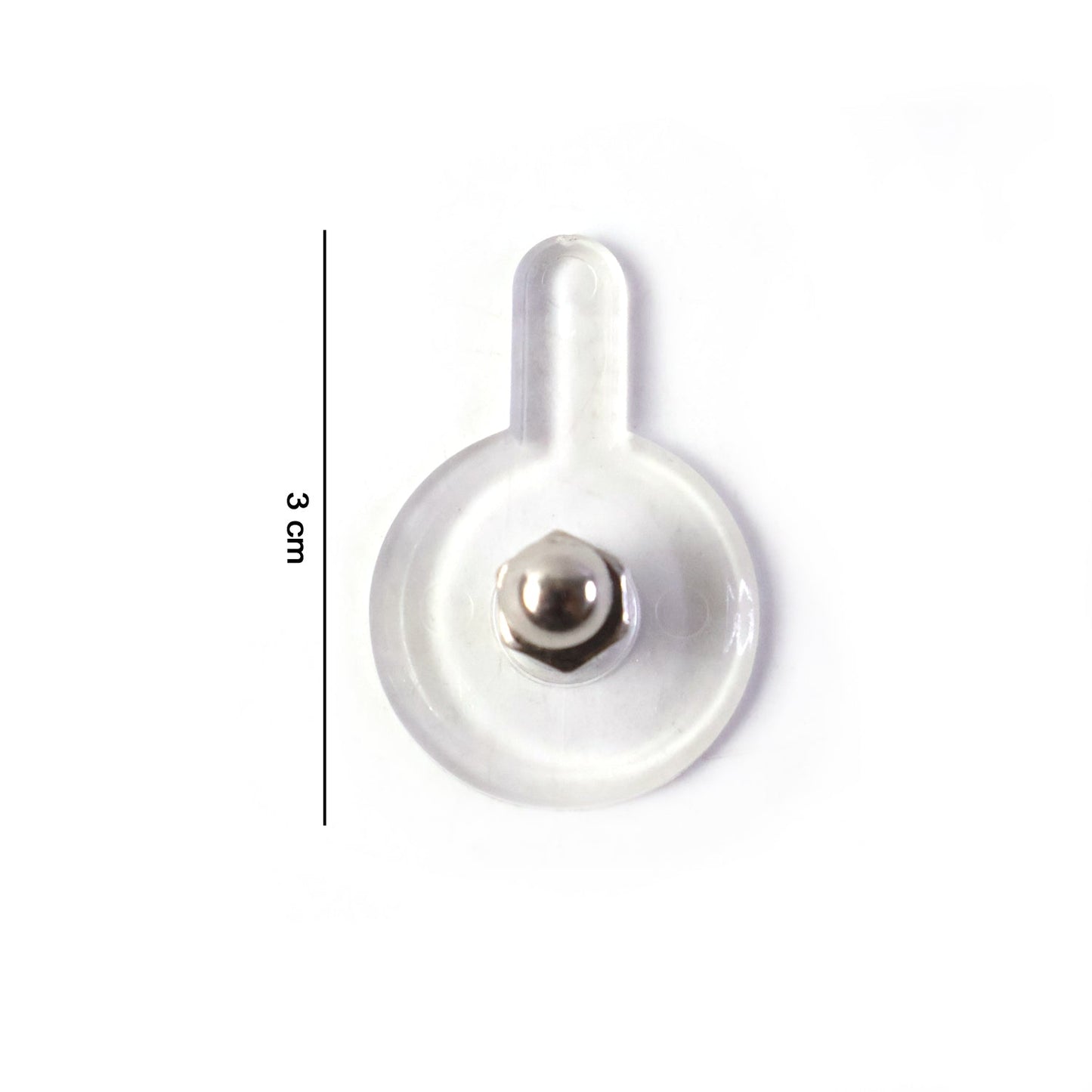A clear self-adhesive wall hook with a silver knob is shown with a 3 cm measurement indicator on a white background.