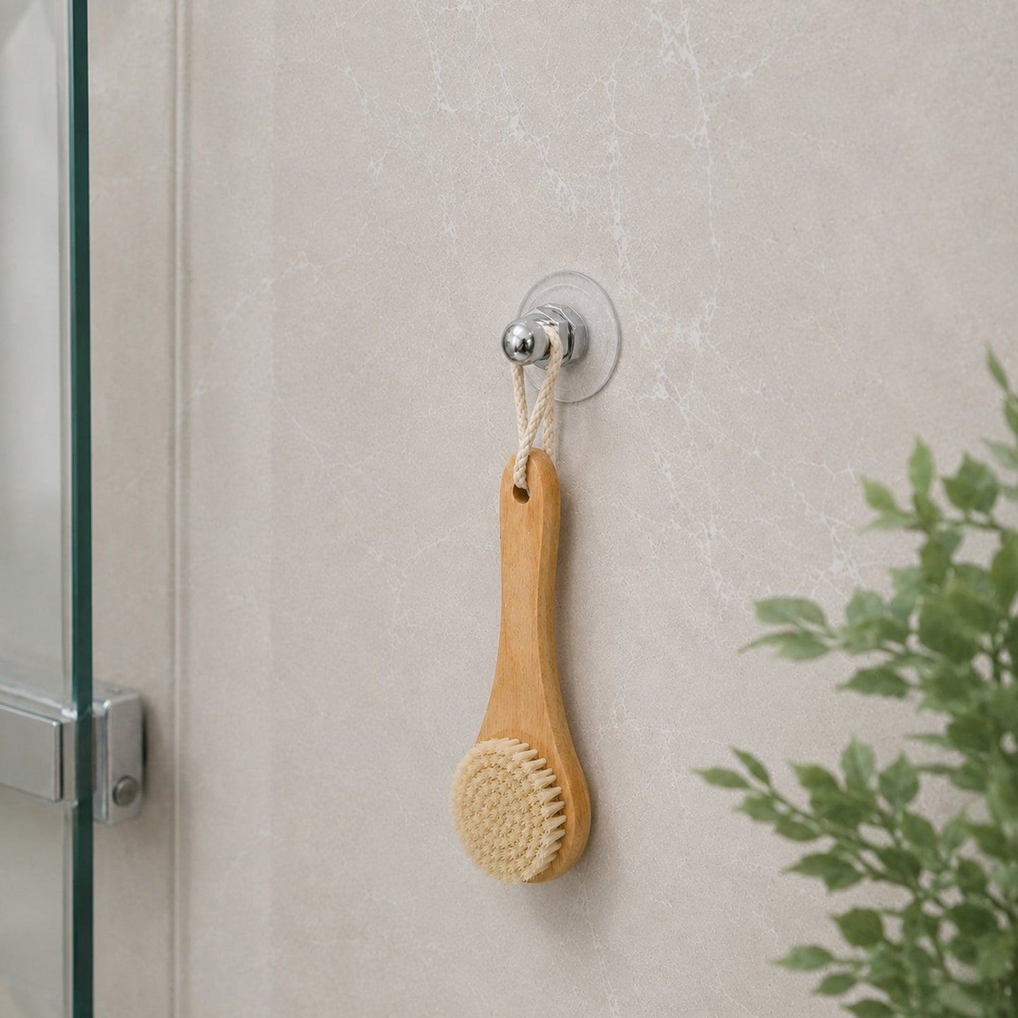 A wooden body brush with a rope loop hangs from a clear self-adhesive wall hook on a light-colored tiled wall.