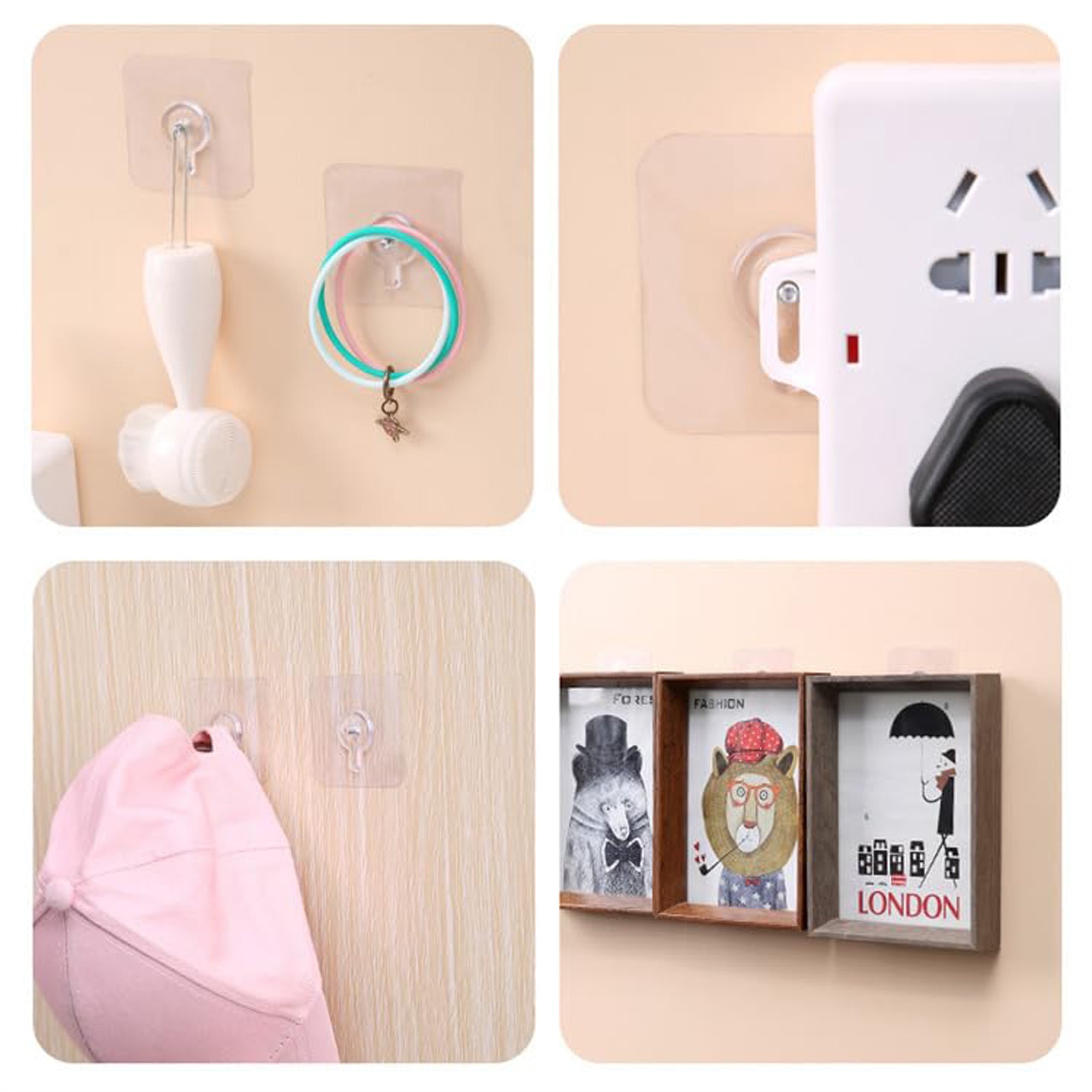 A collage shows four uses for the clear self-adhesive hooks: hanging items, holding a power strip, and displaying frames.