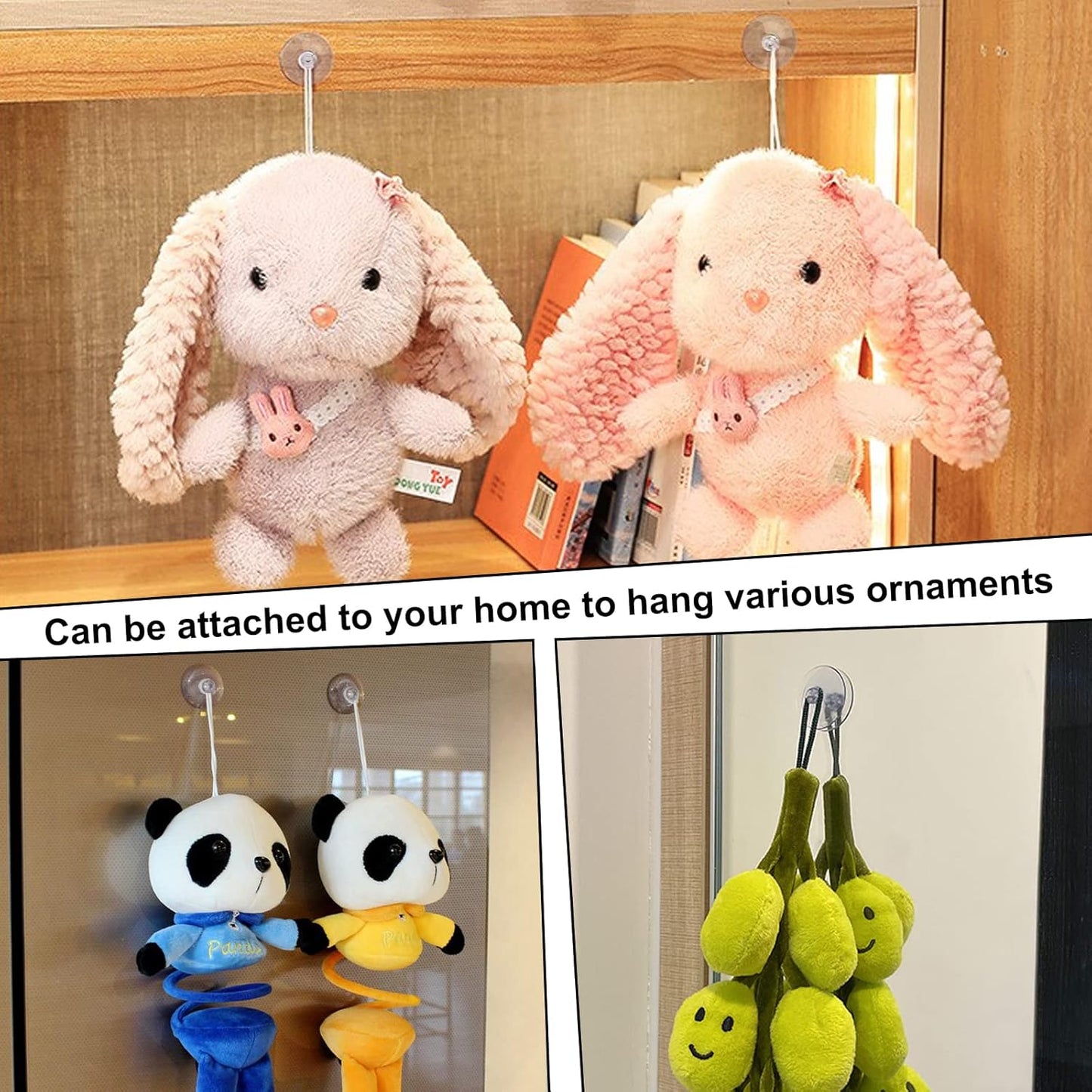 Two pink plush bunnies hang from suction cup hooks on a wooden shelf, with other items hanging below.
