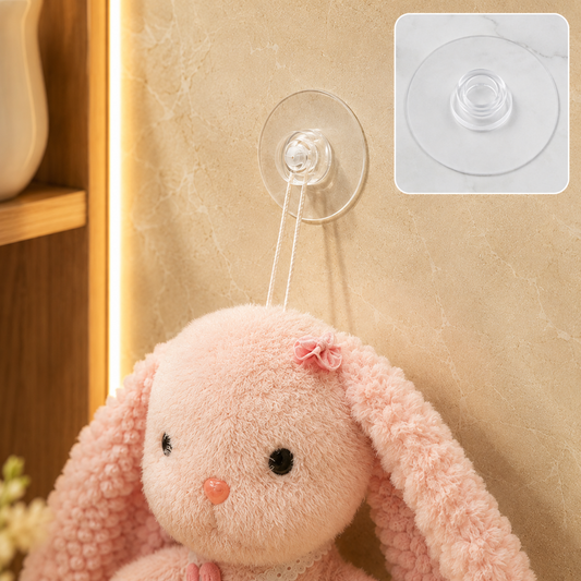 A clear plastic suction cup hook adheres to a beige tiled wall, holding a pink plush bunny with long ears.