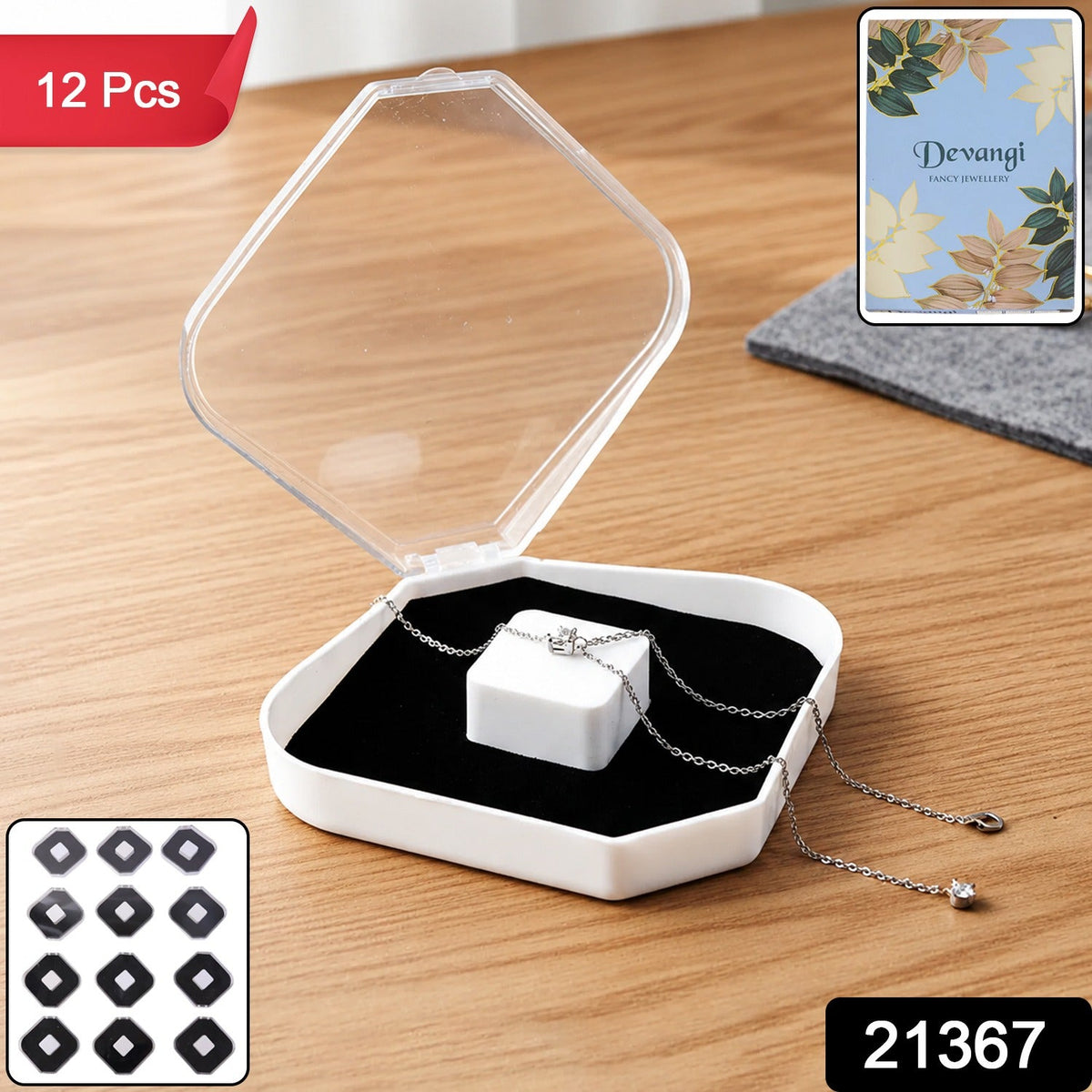 An open clear and white jewellery box with a silver necklace on a black velvet cushion, with a red "12 Pcs" banner.