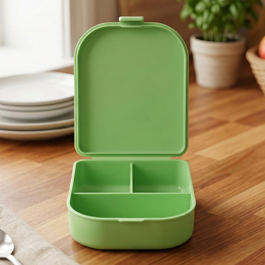 Portable 3-compartment pill organizer box for daily medication.