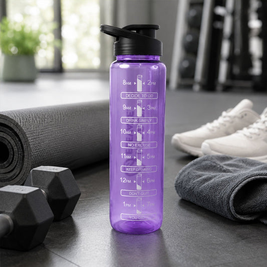 Plastic motivational water bottle 1000ml in purple with flip lid