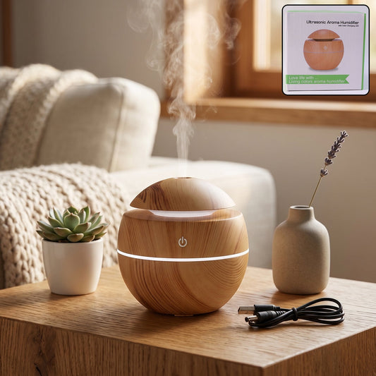 Ultrasonic aroma diffuser humidifier with LED light in wood grain finish