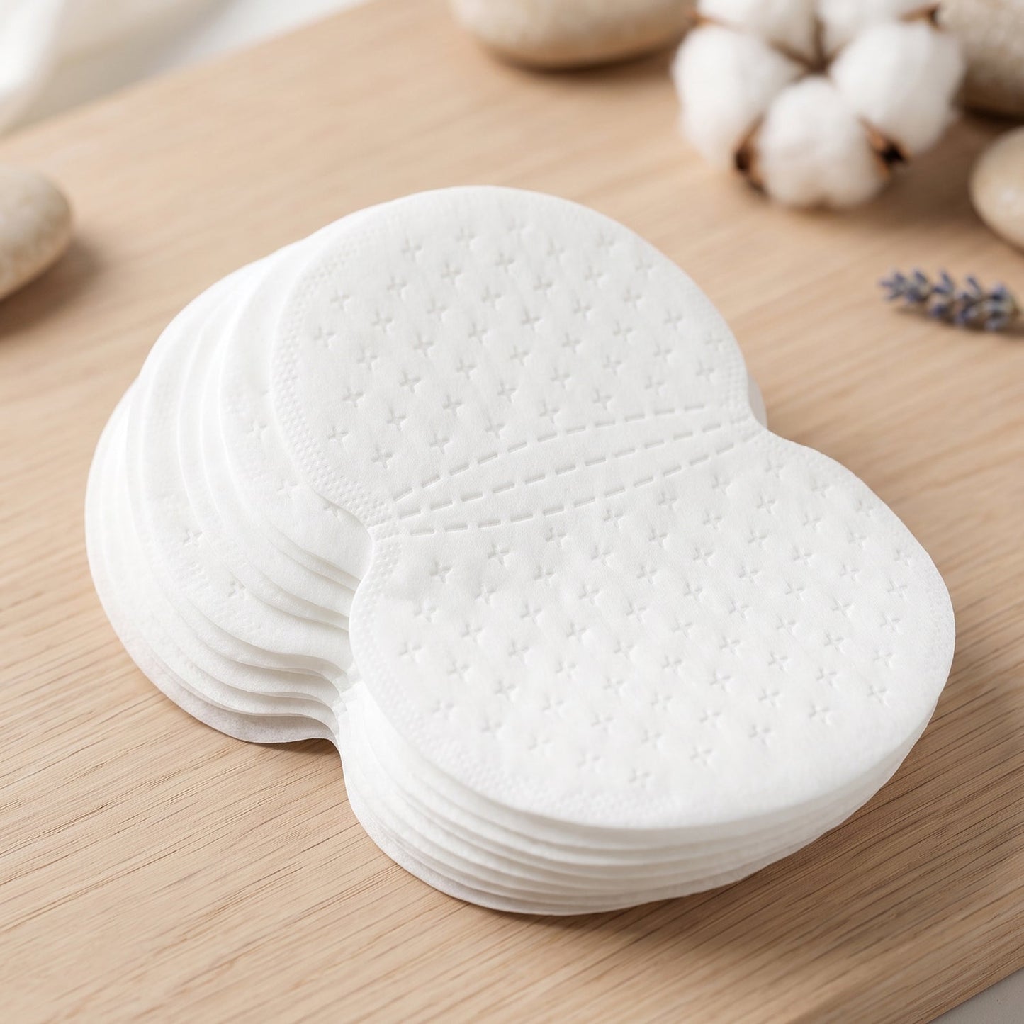 A stack of white, disposable underarm sweat pads with a textured surface on a wooden surface.