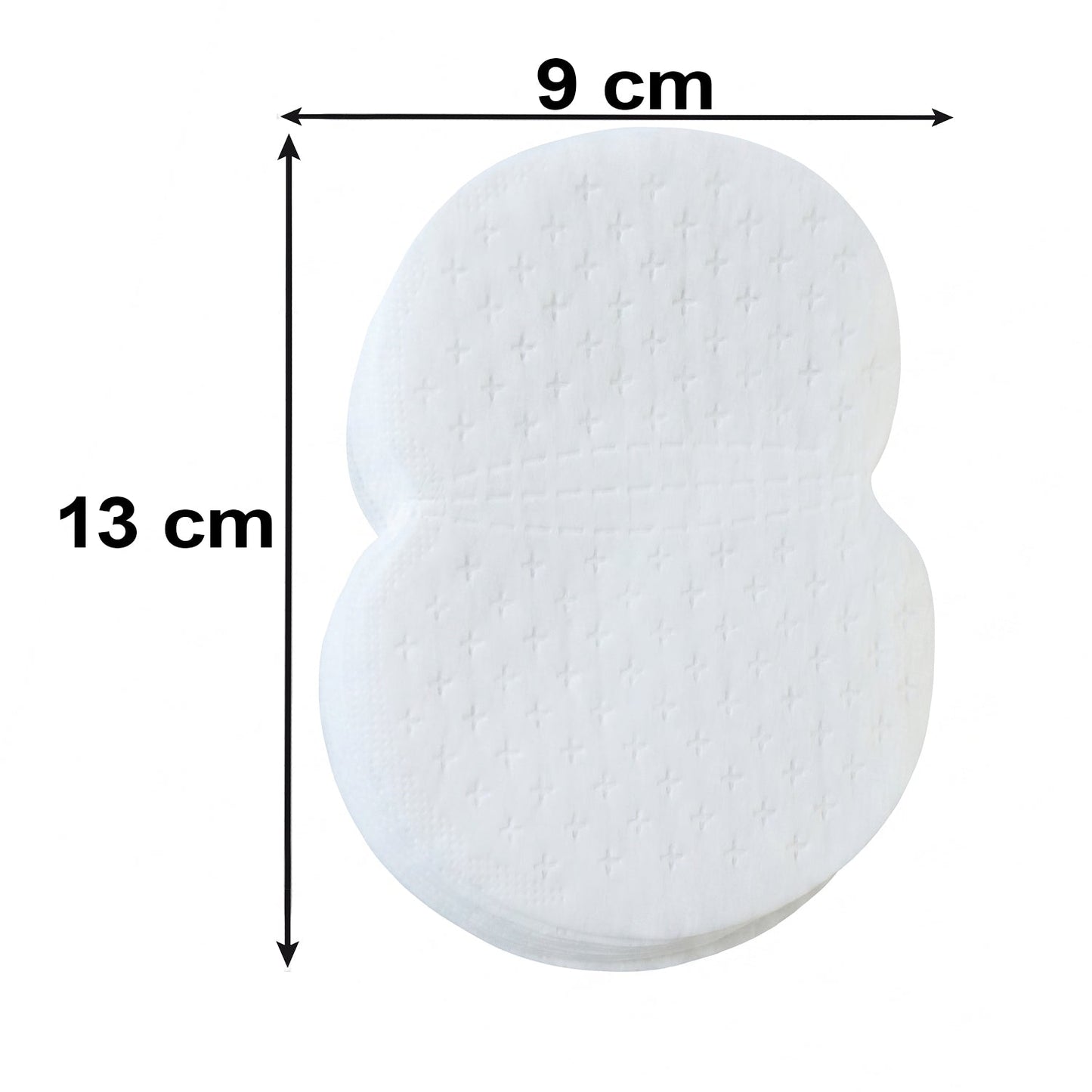 A stack of white, disposable underarm sweat pads with measurements of 9 cm width and 13 cm length.