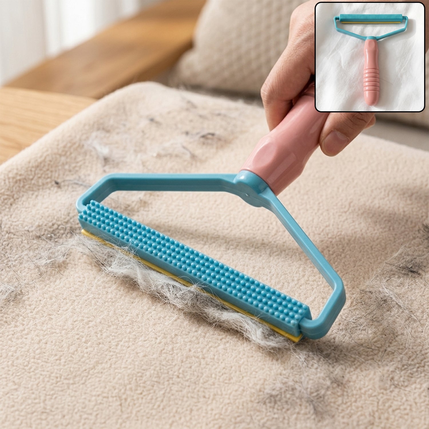 A hand uses a pink and blue lint remover to collect pet hair from a beige blanket, with an inset showing the full tool.