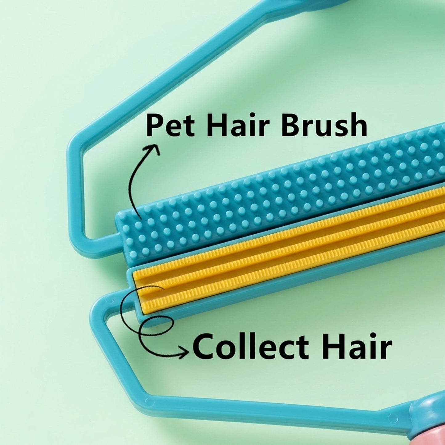 A close-up of the blue and yellow lint remover head with text labels pointing to 'Pet Hair Brush' and 'Collect Hair'.