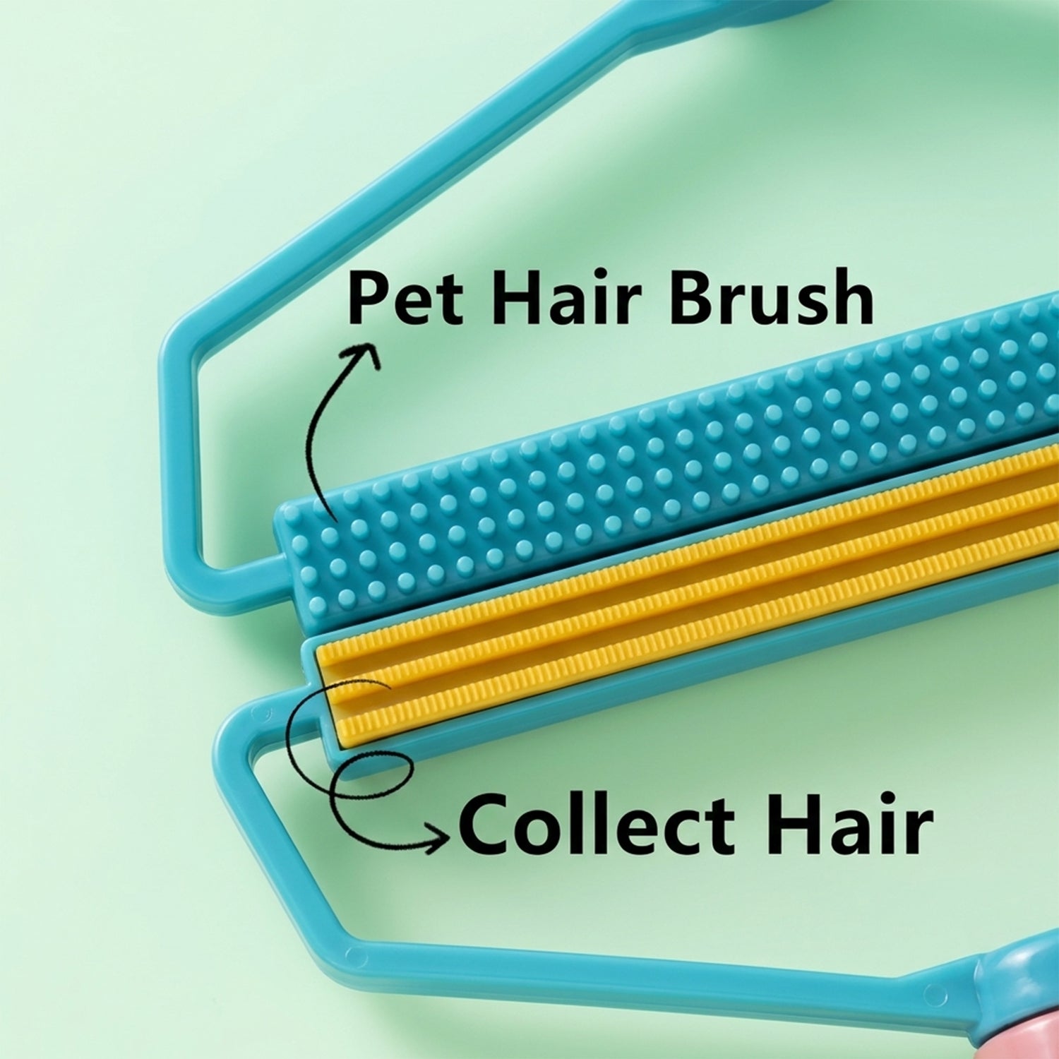 A close-up of the blue and yellow lint remover head with text labels pointing to 'Pet Hair Brush' and 'Collect Hair'.