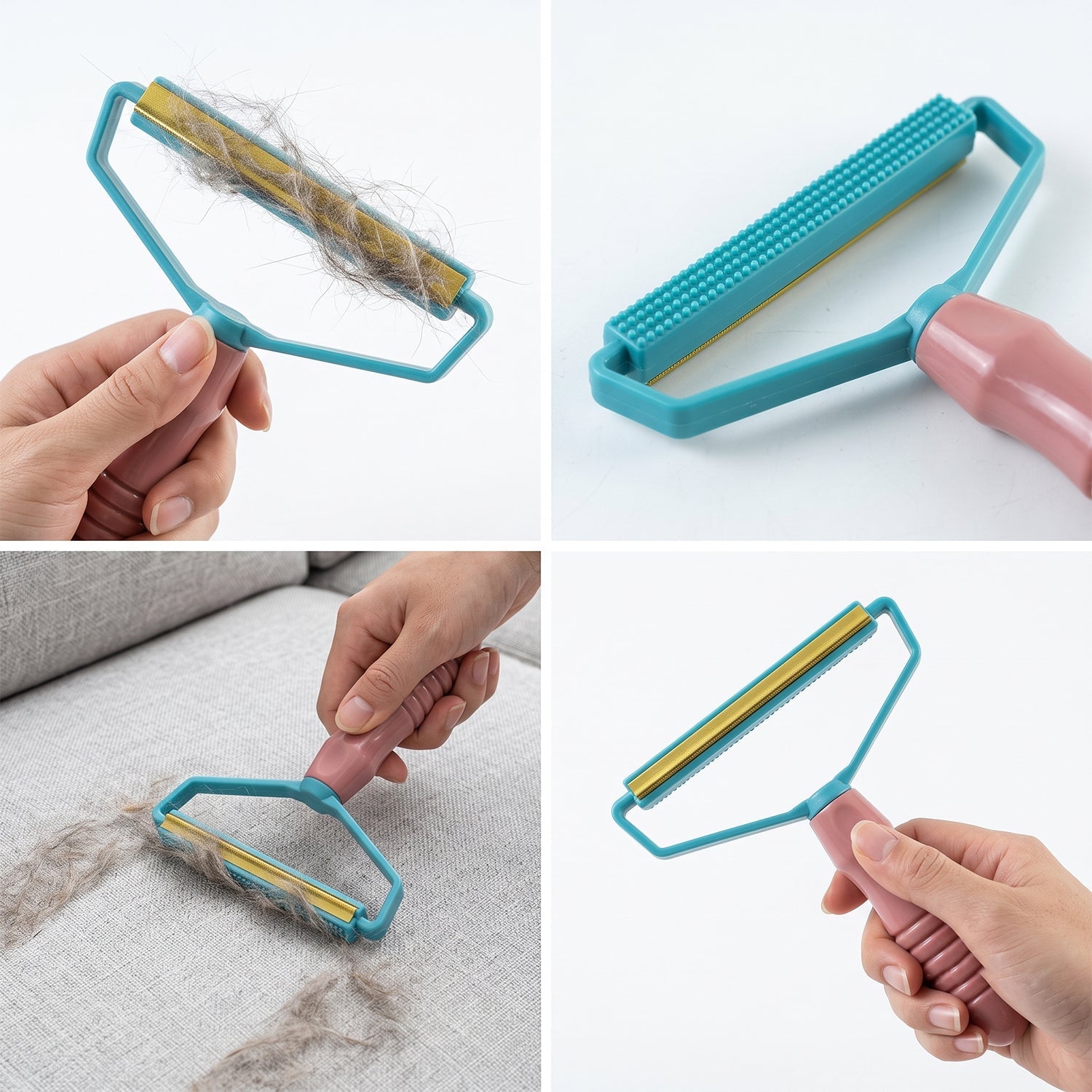 A four-panel collage showing the lint remover in use, collecting hair, and close-ups of its two different sides.