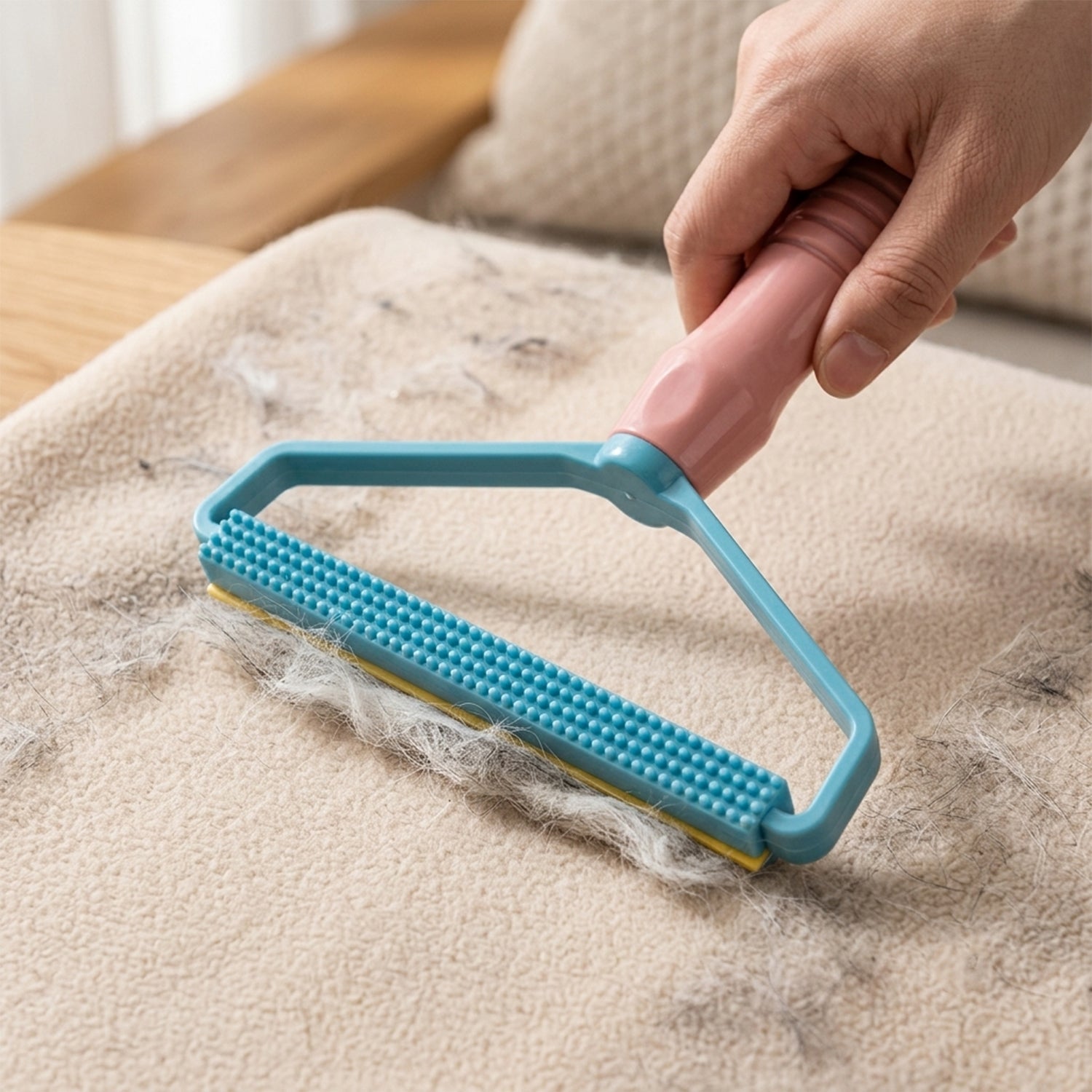 Pink and blue pet hair and lint remover collecting pet hair from a beige blanket, with the full tool shown in an inset.