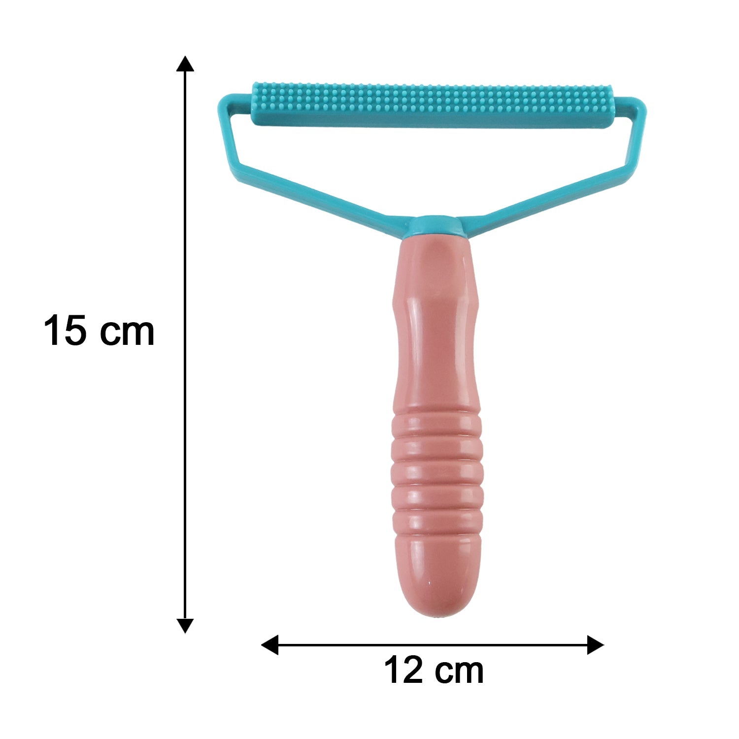 A pink and blue lint remover with a textured handle is shown with measurements of 15 cm height and 12 cm width.