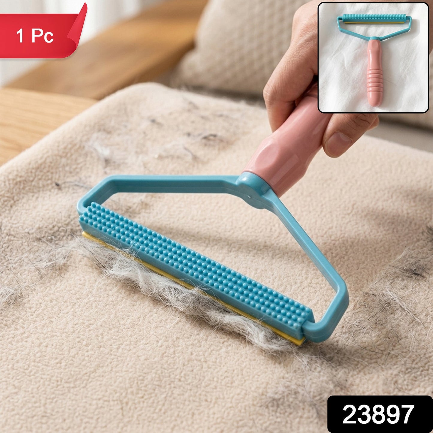 A hand uses a pink and blue lint remover on a beige blanket, collecting pet hair, with a '1 Pc' label and product number