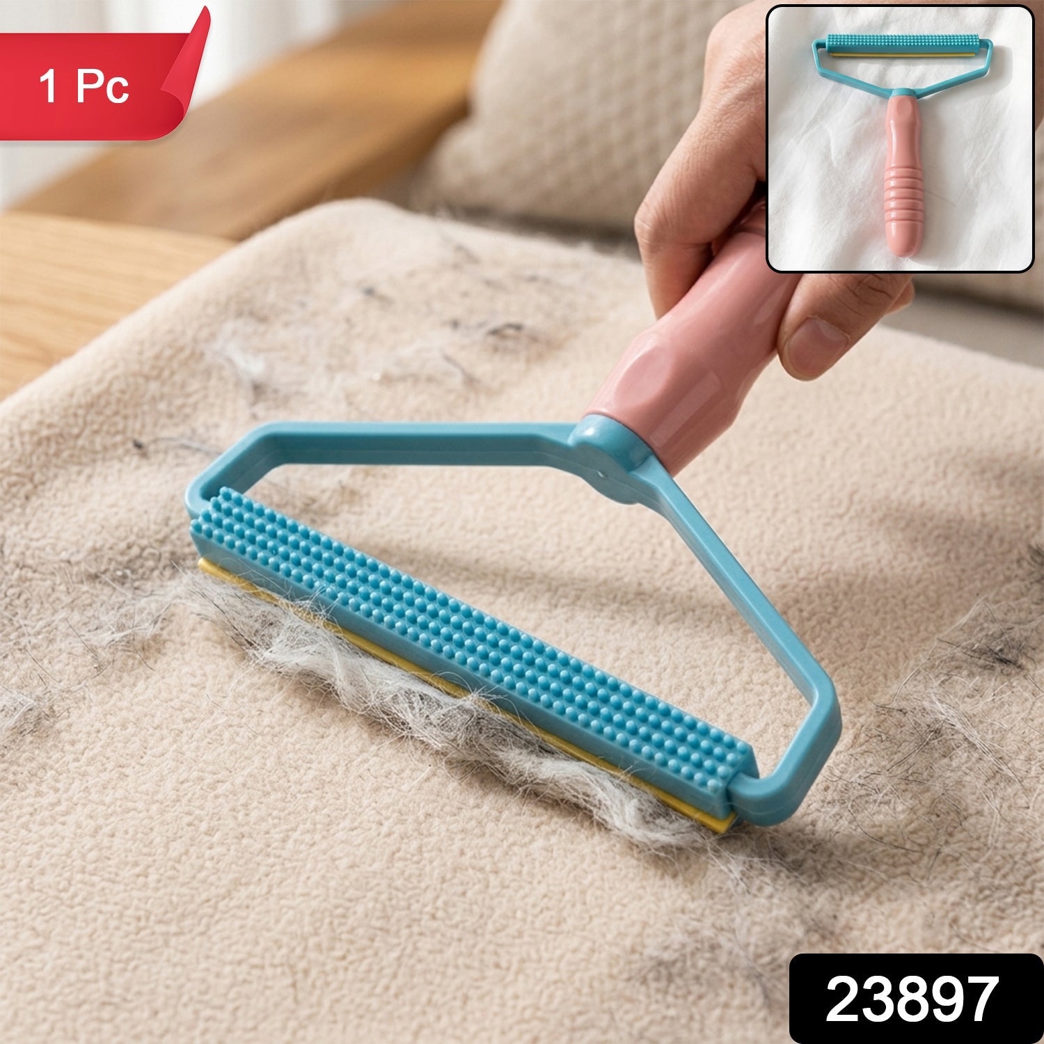 A hand uses a pink and blue lint remover on a beige blanket, collecting pet hair, with a '1 Pc' label and product number