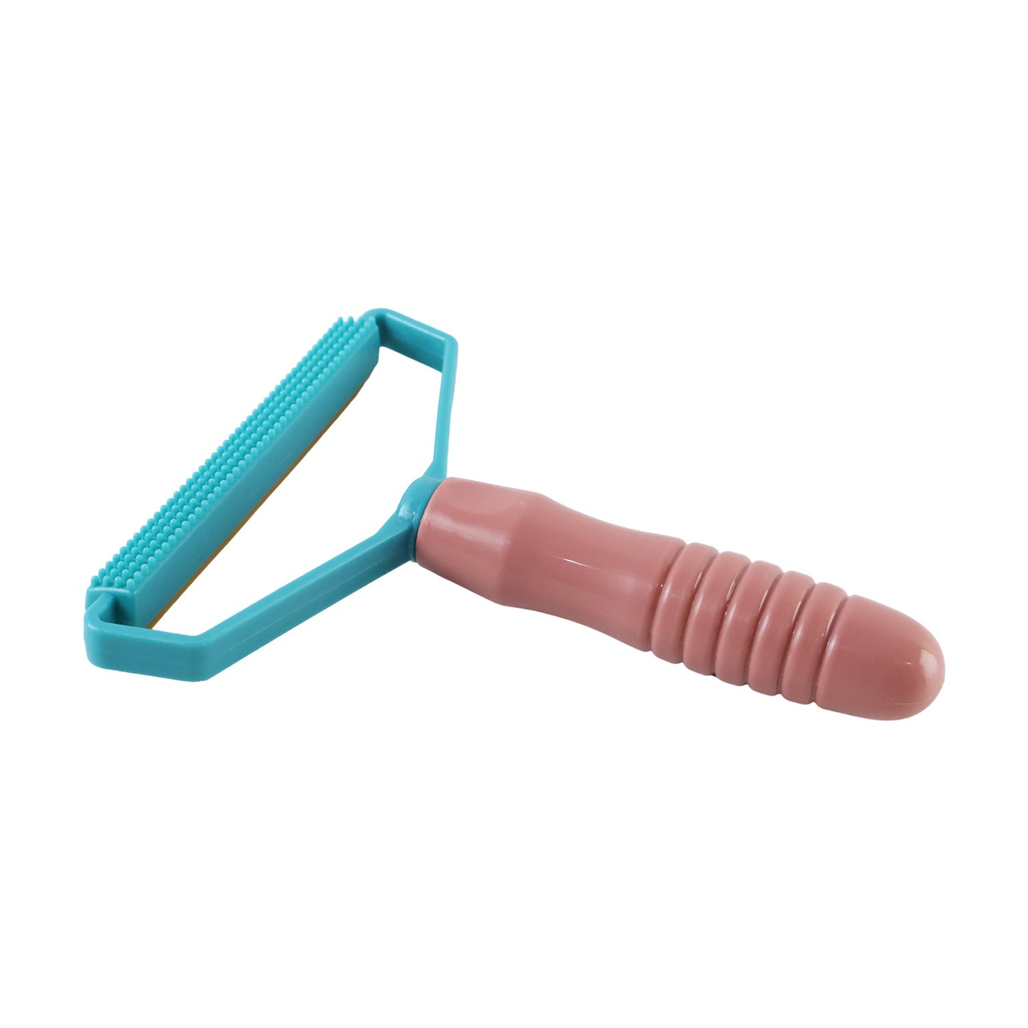 A pink and blue lint remover with a textured handle is shown on a white background.