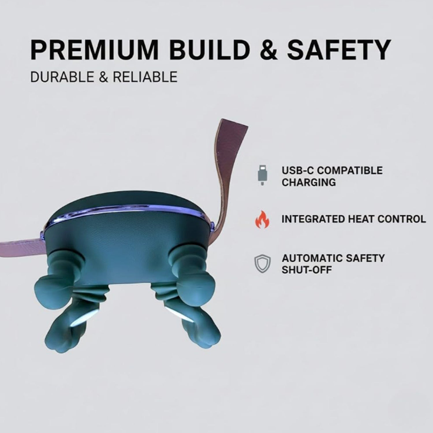 A green bionic massager with a brown strap on a gray background. Text highlights 'PREMIUM BUILD & SAFETY', 'USB-C COMPATIBLE