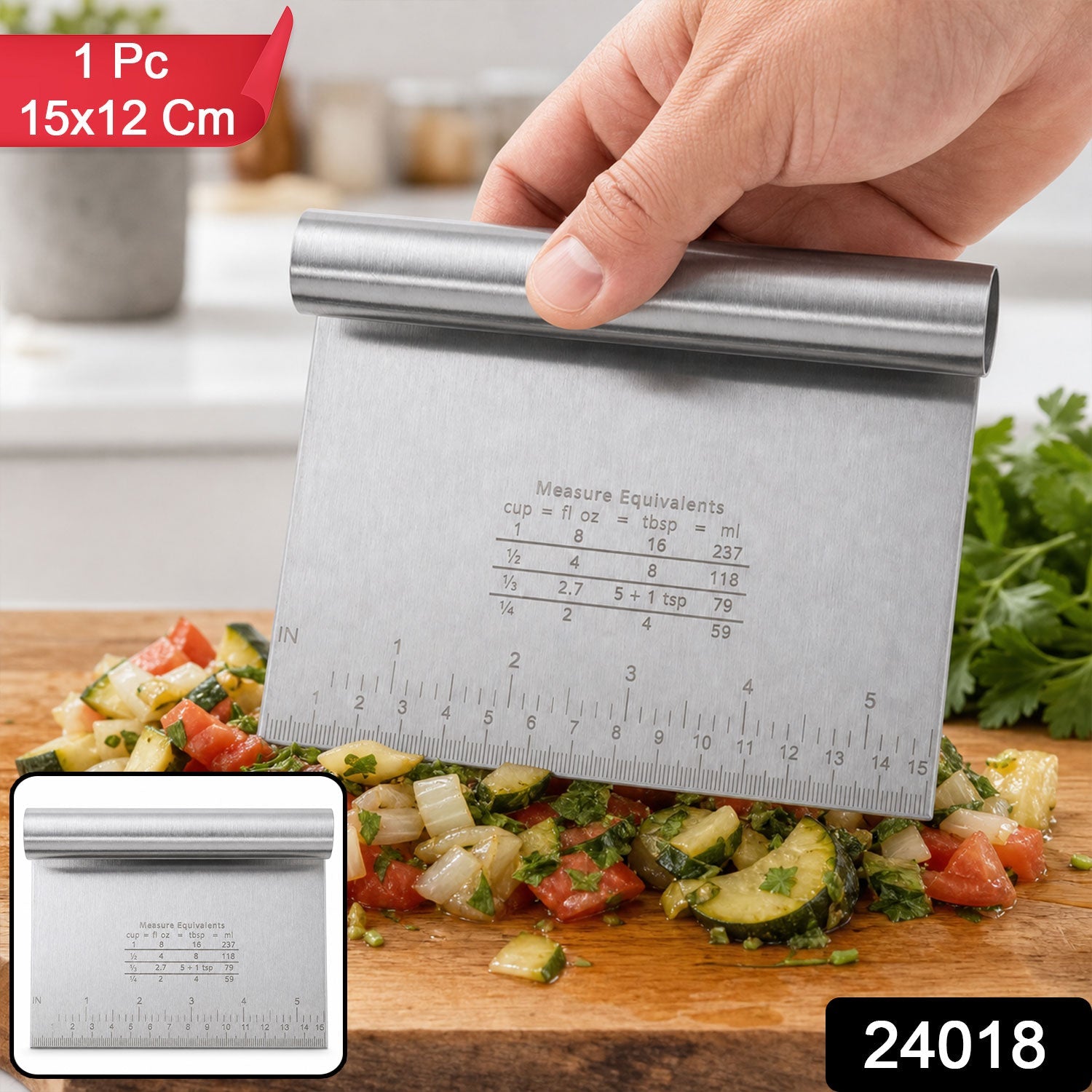 A hand holds a stainless steel dough scraper over chopped vegetables on a wooden cutting board, with a red label showing "1