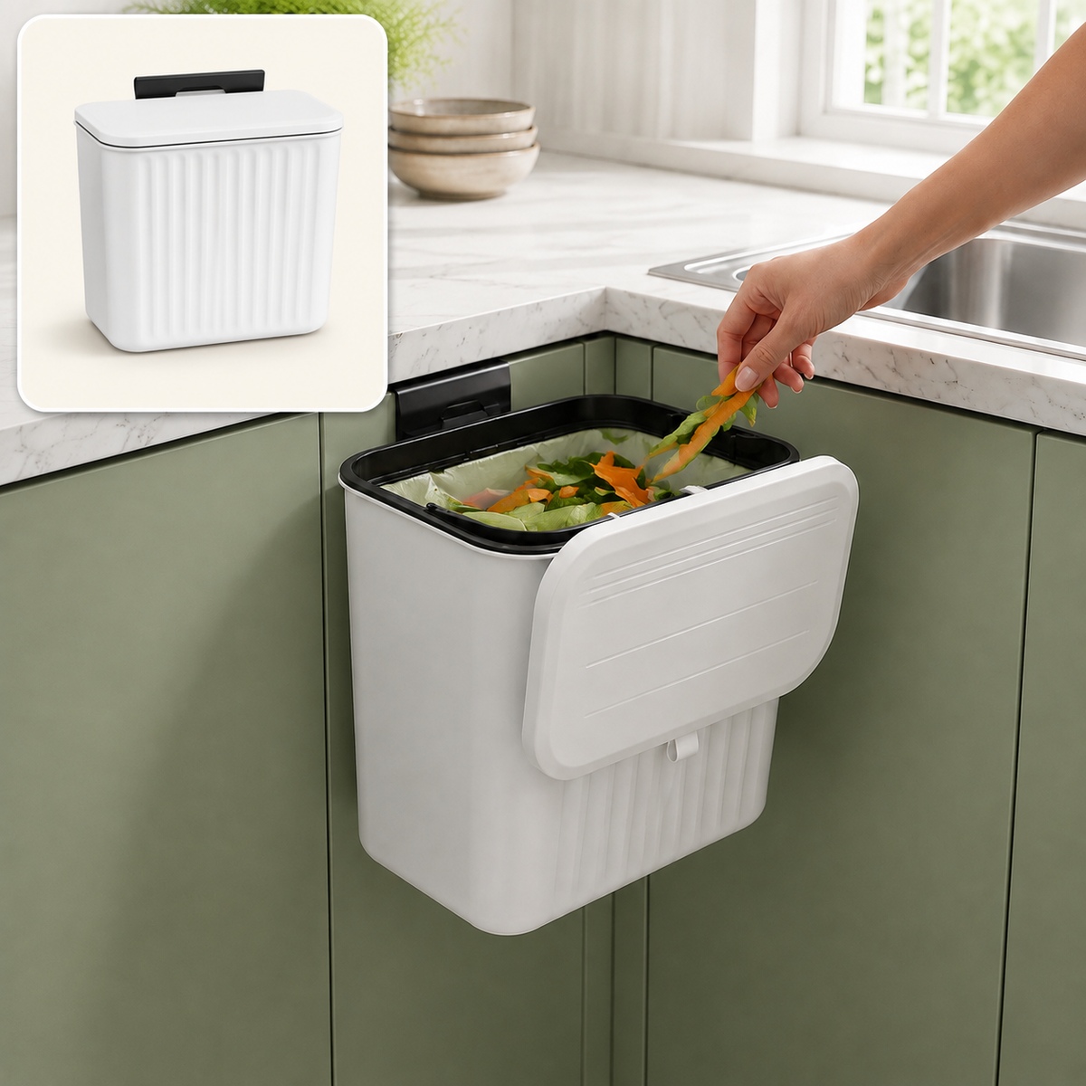 A person drops food scraps into a white ribbed compost bin with an open lid, mounted on a green kitchen cabinet.