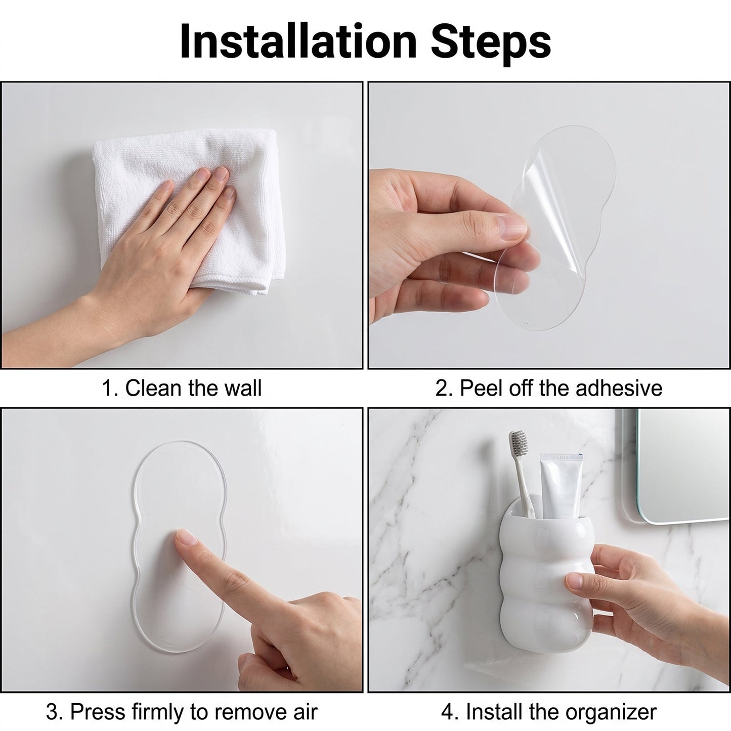 Four-step installation guide showing how to clean the wall, peel adhesive, press firmly, and install the organizer.