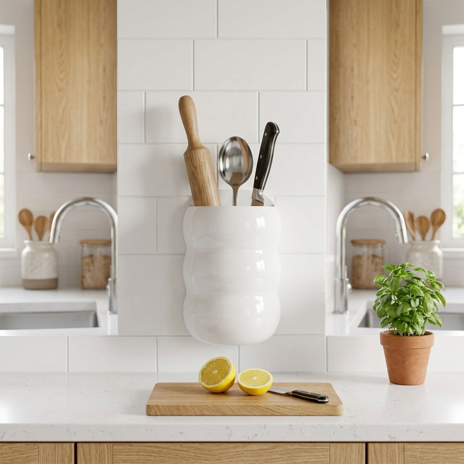 White, caterpillar-shaped wall holder holding kitchen utensils in a modern kitchen setting.