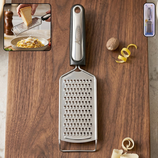 Stainless steel cheese grater with plastic handle for versatile kitchen use