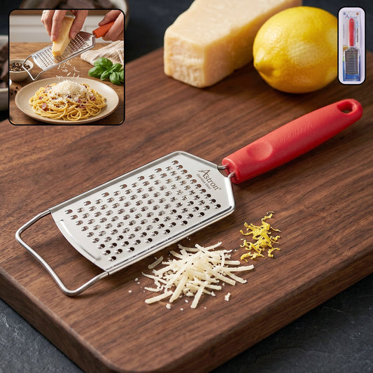 Stainless steel handheld cheese grater with plastic handle for kitchen use