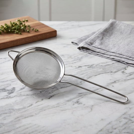 Stainless steel tea strainer with fine mesh and long handle for kitchen use