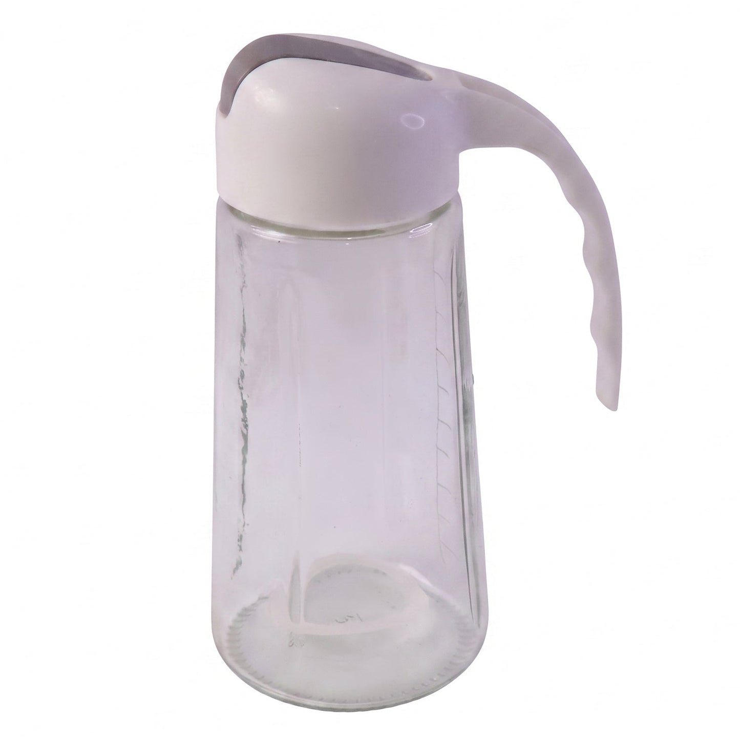 An empty clear glass oil dispenser with a white and gray lid is shown on a plain white background.